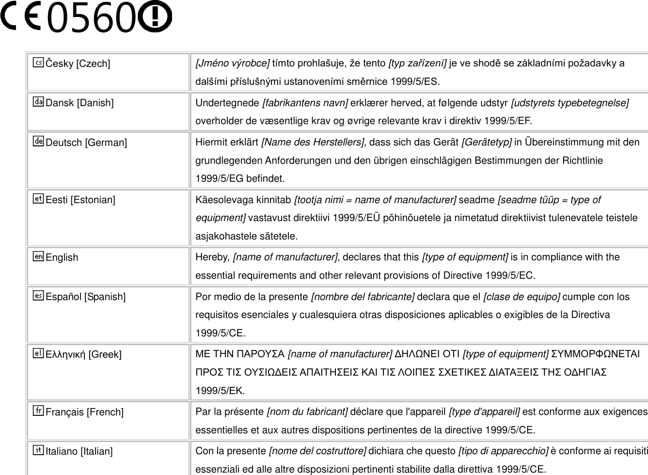 0560  Česky [Czech] [Jméno výrobce] tímto prohlašuje, že tento [typ zařízení] je ve shodě se základními požadavky a dalšími příslušnými ustanoveními směrnice 1999/5/ES. Dansk [Danish] Undertegnede [fabrikantens navn] erklæ rer herved, at følgende udstyr [udstyrets typebetegnelse] overholder de væ sentlige krav og øvrige relevante krav i direktiv 1999/5/EF. Deutsch [German] Hiermit erklärt [Name des Herstellers], dass sich das Gerät [Gerätetyp] in Ü bereinstimmung mit den grundlegenden Anforderungen und den übrigen einschlägigen Bestimmungen der Richtlinie 1999/5/EG befindet. Eesti [Estonian] Käesolevaga kinnitab [tootja nimi = name of manufacturer] seadme [seadme tüüp = type of equipment] vastavust direktiivi 1999/5/EÜ  põhinõuetele ja nimetatud direktiivist tulenevatele teistele asjakohastele sätetele. English Hereby, [name of manufacturer], declares that this [type of equipment] is in compliance with the essential requirements and other relevant provisions of Directive 1999/5/EC. Español [Spanish] Por medio de la presente [nombre del fabricante] declara que el [clase de equipo] cumple con los requisitos esenciales y cualesquiera otras disposiciones aplicables o exigibles de la Directiva 1999/5/CE. Ελληνική [Greek] ΜΕ ΤΗΝ ΠΑΡΟΥΣΑ [name of manufacturer] ΔΗΛΩΝΕΙ ΟΤΙ [type of equipment] ΣΥΜΜΟΡΦΩΝΕΤΑΙ ΠΡΟΣ ΤΙΣ ΟΥΣΙΩΔΕΙΣ ΑΠΑΙΤΗΣΕΙΣ ΚΑΙ ΤΙΣ ΛΟΙΠΕΣ ΣΧΕΤΙΚΕΣ ΔΙΑΤΑΞΕΙΣ ΤΗΣ ΟΔΗΓΙΑΣ 1999/5/ΕΚ. Français [French] Par la présente [nom du fabricant] déclare que l&apos;appareil [type d&apos;appareil] est conforme aux exigences essentielles et aux autres dispositions pertinentes de la directive 1999/5/CE. Italiano [Italian] Con la presente [nome del costruttore] dichiara che questo [tipo di apparecchio] è conforme ai requisiti essenziali ed alle altre disposizioni pertinenti stabilite dalla direttiva 1999/5/CE. 