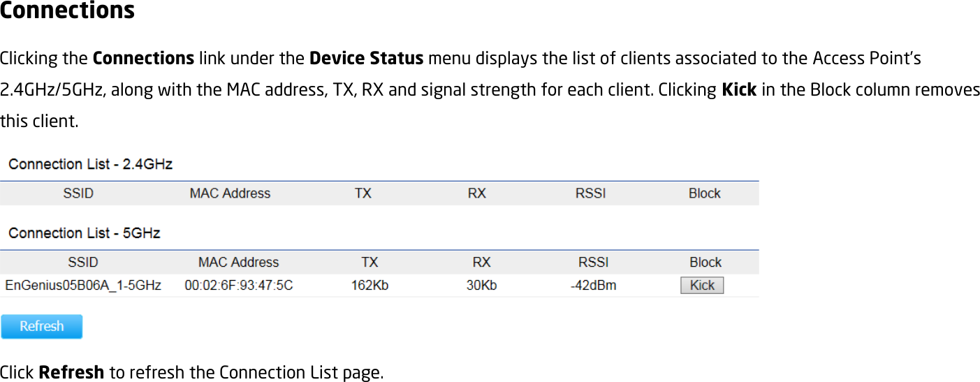 Connections Clicking the Connections link under the Device Status menu displays the list of clients associated to the Access Point’s 2.4GHz/5GHz, along with the MAC address, TX, RX and signal strength for each client. Clicking Kick in the Block column removes this client.  Click Refresh to refresh the Connection List page.  