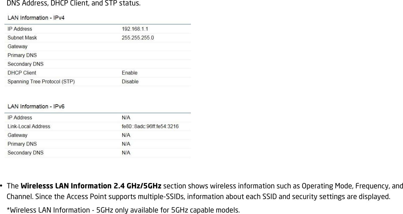 DNS Address, DHCP Client, and STP status.    The Wirelesss LAN Information 2.4 GHz/5GHz section shows wireless information such as Operating Mode, Frequency, and Channel. Since the Access Point supports multiple-SSIDs, information about each SSID and security settings are displayed.   *Wireless LAN Information - 5GHz only available for 5GHz capable models. 