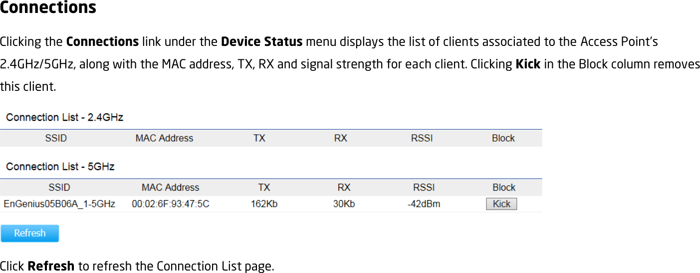 Connections Clicking the Connections link under the Device Status menu displays the list of clients associated to the Access Point’s 2.4GHz/5GHz, along with the MAC address, TX, RX and signal strength for each client. Clicking Kick in the Block column removes this client.  Click Refresh to refresh the Connection List page.  