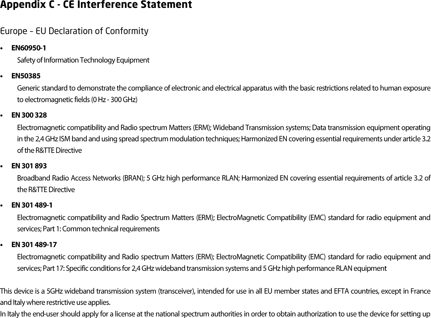 Appendix C - CE Interference Statement Europe – EU Declaration of Conformity 