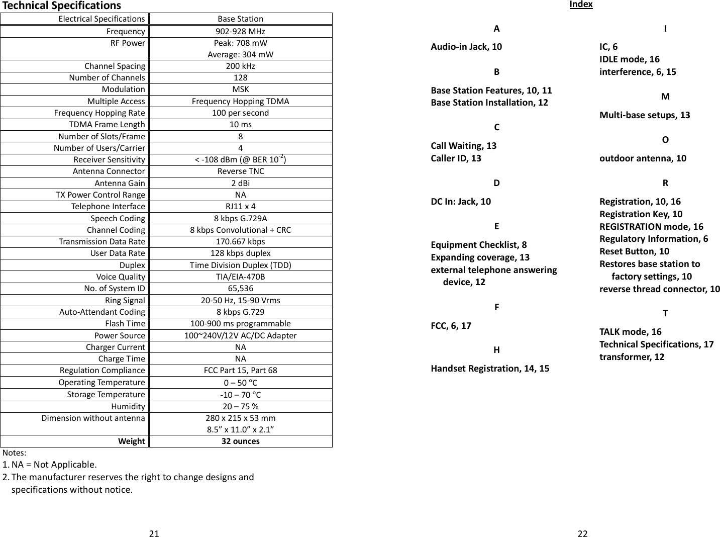   21Technical Specifications Electrical Specifications Base Station Frequency 902-928 MHz RF Power Peak: 708 mW Average: 304 mW Channel Spacing  200 kHz Number of Channels 128 Modulation MSK Multiple Access Frequency Hopping TDMA Frequency Hopping Rate 100 per second TDMA Frame Length 10 ms Number of Slots/Frame 8 Number of Users/Carrier 4 Receiver Sensitivity &lt; -108 dBm (@ BER 10-2) Antenna Connector Reverse TNC Antenna Gain 2 dBi TX Power Control Range  NA Telephone Interface  RJ11 x 4 Speech Coding 8 kbps G.729A Channel Coding 8 kbps Convolutional + CRC Transmission Data Rate 170.667 kbps User Data Rate 128 kbps duplex Duplex Time Division Duplex (TDD) Voice Quality TIA/EIA-470B  No. of System ID 65,536 Ring Signal 20-50 Hz, 15-90 Vrms Auto-Attendant Coding 8 kbps G.729 Flash Time 100-900 ms programmable Power Source 100~240V/12V AC/DC Adapter Charger Current  NA Charge Time  NA Regulation Compliance FCC Part 15, Part 68 Operating Temperature 0 – 50 °C Storage Temperature -10 – 70 °C Humidity 20 – 75 % Dimension without antenna 280 x 215 x 53 mm 8.5” x 11.0” x 2.1” Weight 32 ounces Notes: 1. NA = Not Applicable. 2. The manufacturer reserves the right to change designs and specifications without notice.   22Index A Audio-in Jack, 10 B Base Station Features, 10, 11 Base Station Installation, 12 C Call Waiting, 13 Caller ID, 13 D DC In: Jack, 10 E Equipment Checklist, 8 Expanding coverage, 13 external telephone answering device, 12 F FCC, 6, 17 H Handset Registration, 14, 15 I IC, 6 IDLE mode, 16 interference, 6, 15 M Multi-base setups, 13 O outdoor antenna, 10 R Registration, 10, 16 Registration Key, 10 REGISTRATION mode, 16 Regulatory Information, 6 Reset Button, 10 Restores base station to factory settings, 10 reverse thread connector, 10 T TALK mode, 16 Technical Specifications, 17 transformer, 12       