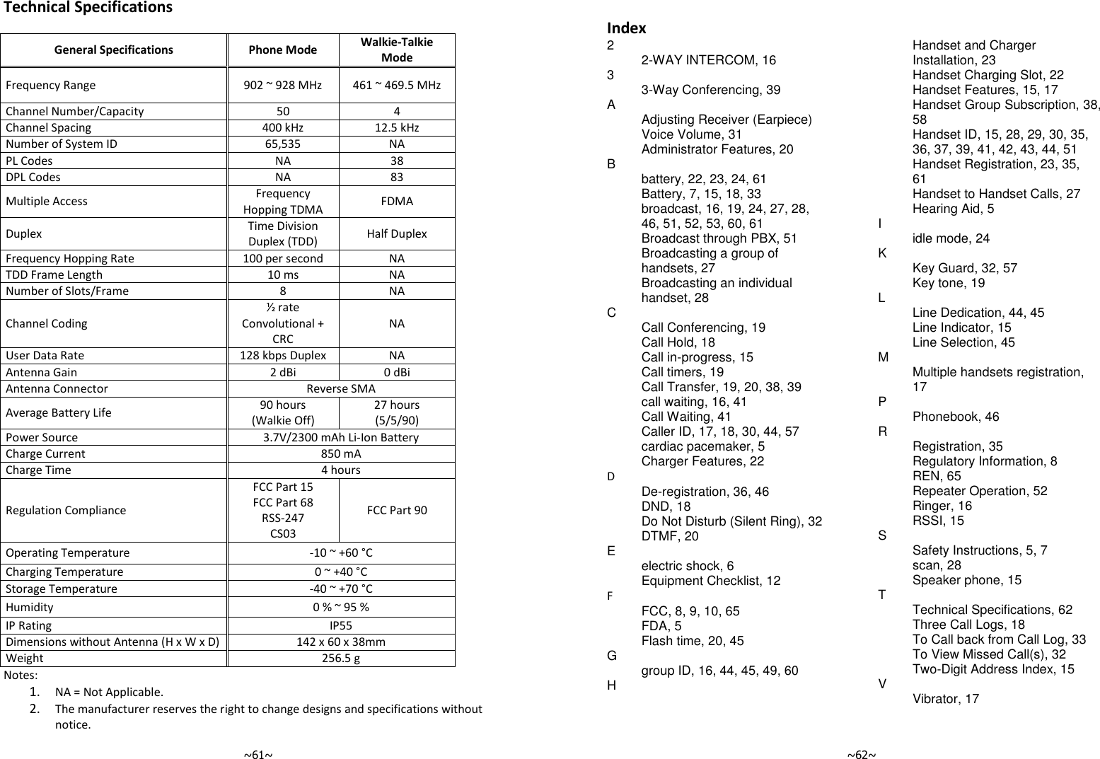   ~61~Technical Specifications  General Specifications  Phone Mode Walkie-Talkie Mode Frequency Range  902 ~ 928 MHz  461 ~ 469.5 MHz Channel Number/Capacity 50 4 Channel Spacing 400 kHz 12.5 kHz Number of System ID 65,535 NA PL Codes NA 38 DPL Codes NA 83 Multiple Access  Frequency Hopping TDMA  FDMA Duplex  Time Division Duplex (TDD)  Half Duplex Frequency Hopping Rate 100 per second NA TDD Frame Length 10 ms NA Number of Slots/Frame 8 NA Channel Coding ½ rate Convolutional + CRC NA User Data Rate 128 kbps Duplex NA Antenna Gain 2 dBi 0 dBi Antenna Connector Reverse SMA Average Battery Life 90 hours (Walkie Off) 27 hours (5/5/90) Power Source 3.7V/2300 mAh Li-Ion Battery Charge Current 850 mA Charge Time 4 hours Regulation Compliance FCC Part 15 FCC Part 68 RSS-247 CS03 FCC Part 90 Operating Temperature  -10 ~ +60 °C Charging Temperature 0 ~ +40 °C Storage Temperature -40 ~ +70 °C Humidity  0 % ~ 95 % IP Rating IP55 Dimensions without Antenna (H x W x D) 142 x 60 x 38mm Weight 256.5 g Notes: 1. NA = Not Applicable. 2. The manufacturer reserves the right to change designs and specifications without notice.   ~62~  Index 2  2-WAY INTERCOM, 16 3  3-Way Conferencing, 39 A  Adjusting Receiver (Earpiece) Voice Volume, 31 Administrator Features, 20 B  battery, 22, 23, 24, 61 Battery, 7, 15, 18, 33 broadcast, 16, 19, 24, 27, 28, 46, 51, 52, 53, 60, 61 Broadcast through PBX, 51 Broadcasting a group of handsets, 27 Broadcasting an individual handset, 28 C  Call Conferencing, 19 Call Hold, 18 Call in-progress, 15 Call timers, 19 Call Transfer, 19, 20, 38, 39 call waiting, 16, 41 Call Waiting, 41 Caller ID, 17, 18, 30, 44, 57 cardiac pacemaker, 5 Charger Features, 22 D De-registration, 36, 46 DND, 18 Do Not Disturb (Silent Ring), 32 DTMF, 20 E  electric shock, 6 Equipment Checklist, 12 F FCC, 8, 9, 10, 65 FDA, 5 Flash time, 20, 45 G  group ID, 16, 44, 45, 49, 60 H Handset and Charger Installation, 23 Handset Charging Slot, 22 Handset Features, 15, 17 Handset Group Subscription, 38, 58 Handset ID, 15, 28, 29, 30, 35, 36, 37, 39, 41, 42, 43, 44, 51 Handset Registration, 23, 35, 61 Handset to Handset Calls, 27 Hearing Aid, 5 I  idle mode, 24 K  Key Guard, 32, 57 Key tone, 19 L  Line Dedication, 44, 45 Line Indicator, 15 Line Selection, 45 M  Multiple handsets registration, 17 P  Phonebook, 46 R  Registration, 35 Regulatory Information, 8 REN, 65 Repeater Operation, 52 Ringer, 16 RSSI, 15 S  Safety Instructions, 5, 7 scan, 28 Speaker phone, 15 T  Technical Specifications, 62 Three Call Logs, 18 To Call back from Call Log, 33 To View Missed Call(s), 32 Two-Digit Address Index, 15 V  Vibrator, 17  