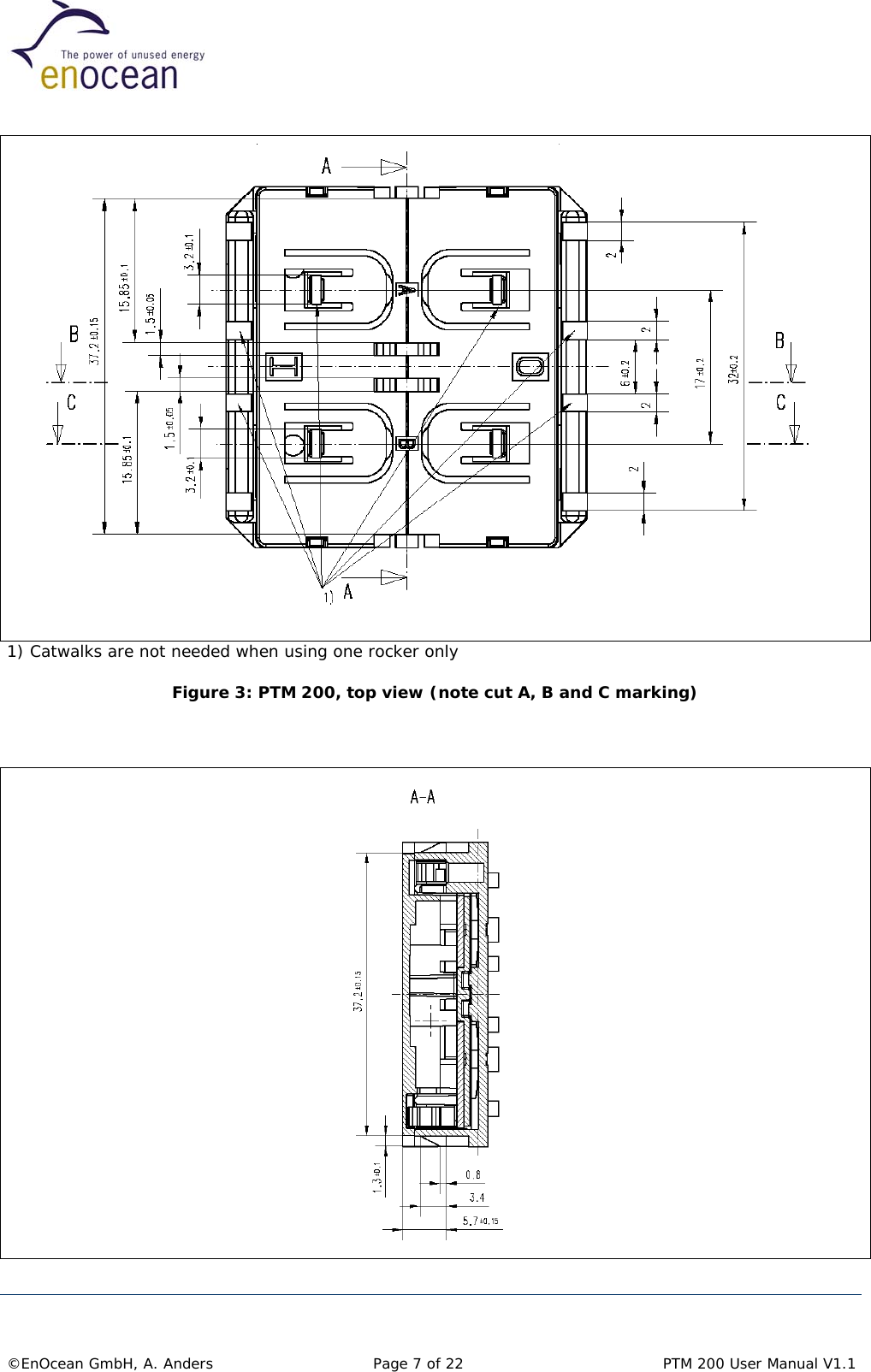     1) Catwalks are not needed when using one rocker only  Figure 3: PTM 200, top view (note cut A, B and C marking)           ©EnOcean GmbH, A. Anders   Page 7 of 22    PTM 200 User Manual V1.1  