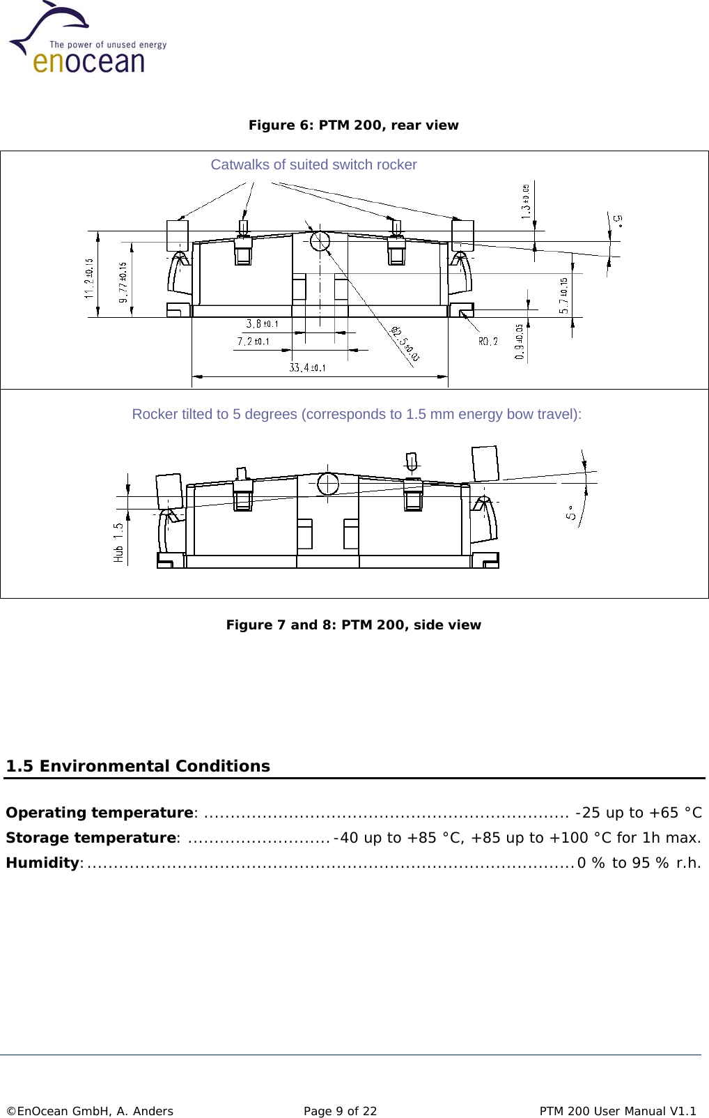   Figure 6: PTM 200, rear view    Catwalks of suited switch rockerRocker tilted to 5 degrees (corresponds to 1.5 mm energy bow travel):  Figure 7 and 8: PTM 200, side view        1.5 Environmental Conditions Operating temperature: ..................................................................... -25 up to +65 °C Storage temperature: ...........................-40 up to +85 °C, +85 up to +100 °C for 1h max. Humidity:............................................................................................0 % to 95 % r.h.         ©EnOcean GmbH, A. Anders   Page 9 of 22    PTM 200 User Manual V1.1  