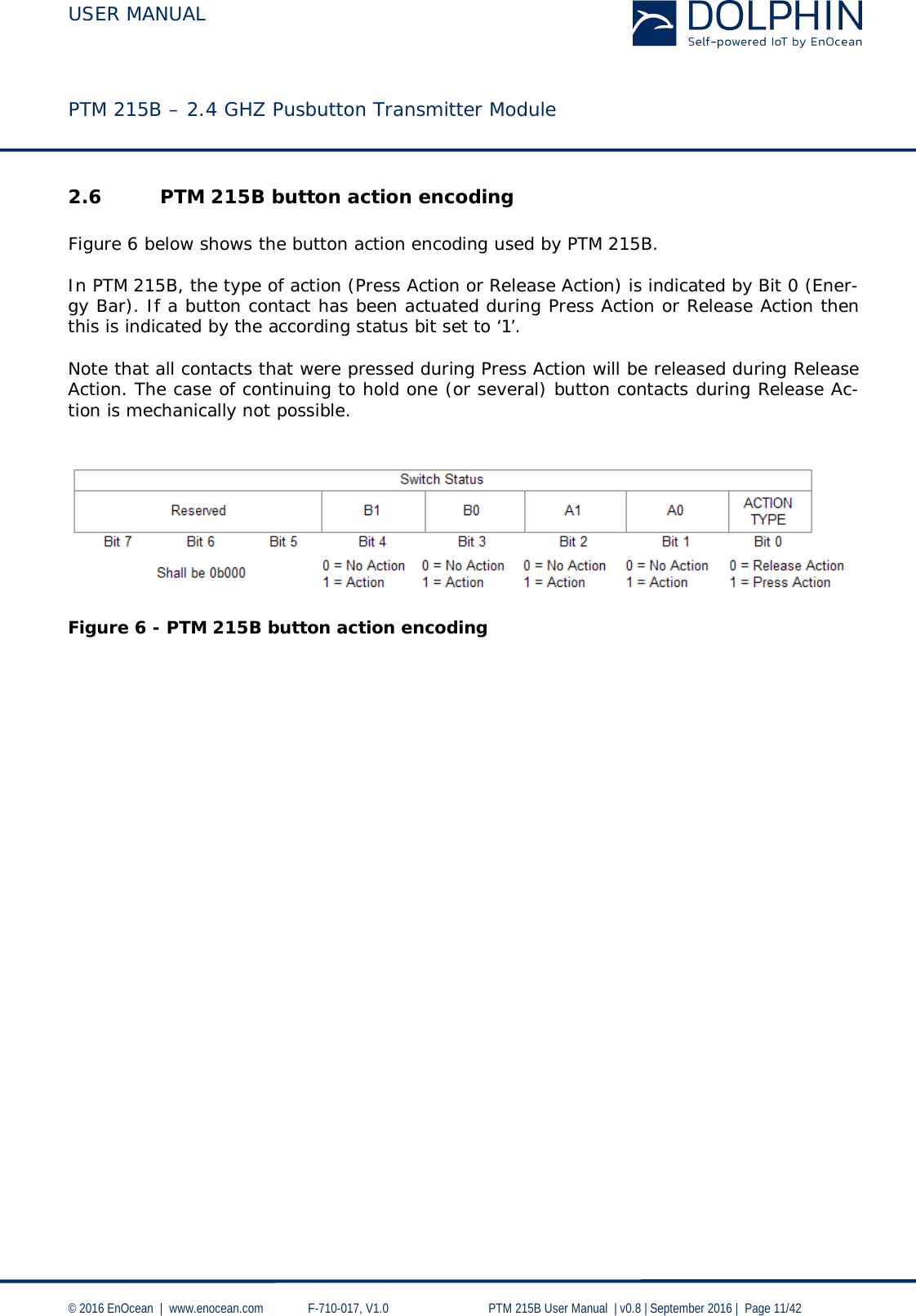  USER MANUAL    PTM 215B – 2.4 GHZ Pusbutton Transmitter Module  © 2016 EnOcean  |  www.enocean.com   F-710-017, V1.0        PTM 215B User Manual  | v0.8 | September 2016 |  Page 11/42  2.6 PTM 215B button action encoding  Figure 6 below shows the button action encoding used by PTM 215B.   In PTM 215B, the type of action (Press Action or Release Action) is indicated by Bit 0 (Ener-gy Bar). If a button contact has been actuated during Press Action or Release Action then this is indicated by the according status bit set to ‘1’.   Note that all contacts that were pressed during Press Action will be released during Release Action. The case of continuing to hold one (or several) button contacts during Release Ac-tion is mechanically not possible.     Figure 6 - PTM 215B button action encoding     