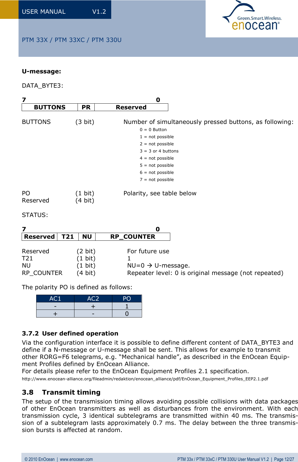 USER MANUAL  V1.2 © 2010 EnOcean  |  www.enocean.com  PTM 33x / PTM 33xC / PTM 330U User Manual V1.2  |  Page 12/27   PTM 33X / PTM 33XC / PTM 330U U-message:  DATA_BYTE3:  7                                                                0 BUTTONS PR Reserved  BUTTONS  (3 bit)   Number of simultaneously pressed buttons, as following: 0 = 0 Button 1 = not possible 2 = not possible 3 = 3 or 4 buttons 4 = not possible 5 = not possible 6 = not possible 7 = not possible  PO  (1 bit)   Polarity, see table below Reserved  (4 bit)     STATUS:  7                                                                0 Reserved T21 NU RP_COUNTER  Reserved  (2 bit)   For future use T21  (1 bit)  1 NU  (1 bit)  NU=0  U-message. RP_COUNTER  (4 bit)  Repeater level: 0 is original message (not repeated)  The polarity PO is defined as follows:         3.7.2 User defined operation Via the configuration interface it is possible to define different content of DATA_BYTE3 and define if a N-message or U-message shall be sent. This allows for example to transmit other RORG=F6 telegrams, e.g. “Mechanical handle”, as described in the EnOcean Equip-ment Profiles defined by EnOcean Alliance.  For details please refer to the EnOcean Equipment Profiles 2.1 specification. http://www.enocean-alliance.org/fileadmin/redaktion/enocean_alliance/pdf/EnOcean_Equipment_Profiles_EEP2.1.pdf 3.8 Transmit timing  The setup of the transmission timing allows avoiding possible collisions with data packages of  other  EnOcean  transmitters  as  well  as  disturbances  from  the  environment.  With  each transmission  cycle,  3  identical  subtelegrams  are  transmitted  within  40  ms.  The  transmis-sion of a subtelegram lasts approximately 0.7 ms.  The delay between the three transmis-sion bursts is affected at random. AC1 AC2 PO - + 1 + - 0 