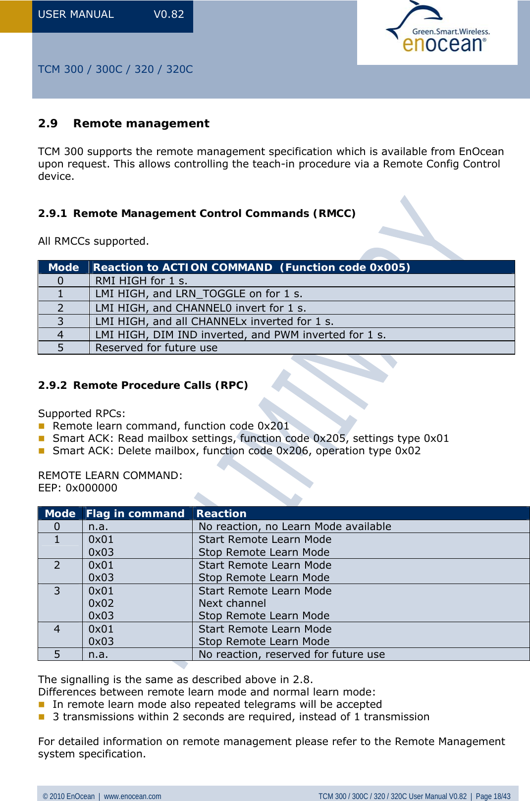 USER MANUAL V0.82 © 2010 EnOcean  |  www.enocean.com  TCM 300 / 300C / 320 / 320C User Manual V0.82  |  Page 18/43   TCM 300 / 300C / 320 / 320C 2.9 Remote management  TCM 300 supports the remote management specification which is available from EnOcean upon request. This allows controlling the teach-in procedure via a Remote Config Control device.  2.9.1 Remote Management Control Commands (RMCC)  All RMCCs supported.  Mode  Reaction to ACTION COMMAND  (Function code 0x005) 0  RMI HIGH for 1 s. 1  LMI HIGH, and LRN_TOGGLE on for 1 s.  2  LMI HIGH, and CHANNEL0 invert for 1 s.  3  LMI HIGH, and all CHANNELx inverted for 1 s.  4  LMI HIGH, DIM IND inverted, and PWM inverted for 1 s. 5  Reserved for future use  2.9.2 Remote Procedure Calls (RPC)  Supported RPCs:   Remote learn command, function code 0x201  Smart ACK: Read mailbox settings, function code 0x205, settings type 0x01  Smart ACK: Delete mailbox, function code 0x206, operation type 0x02  REMOTE LEARN COMMAND: EEP: 0x000000  Mode  Flag in command  Reaction  0  n.a.  No reaction, no Learn Mode available 1  0x01 0x03 Start Remote Learn Mode Stop Remote Learn Mode 2  0x01 0x03 Start Remote Learn Mode Stop Remote Learn Mode 3  0x01 0x02 0x03 Start Remote Learn Mode  Next channel  Stop Remote Learn Mode  4  0x01 0x03 Start Remote Learn Mode  Stop Remote Learn Mode 5  n.a.  No reaction, reserved for future use  The signalling is the same as described above in  2.8. Differences between remote learn mode and normal learn mode:  In remote learn mode also repeated telegrams will be accepted  3 transmissions within 2 seconds are required, instead of 1 transmission  For detailed information on remote management please refer to the Remote Management system specification. 