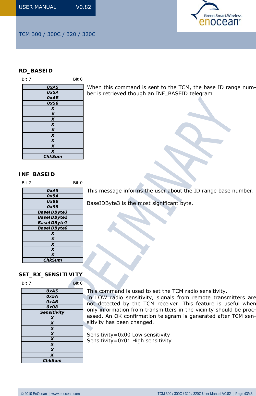 USER MANUAL V0.82 © 2010 EnOcean  |  www.enocean.com  TCM 300 / 300C / 320 / 320C User Manual V0.82  |  Page 43/43   TCM 300 / 300C / 320 / 320C  RD_BASEID   Bit 7      Bit 0 When this command is sent to the TCM, the base ID range num-ber is retrieved though an INF_BASEID telegram.        INF_BASEID   Bit 7      Bit 0 This message informs the user about the ID range base number.  BaseIDByte3 is the most significant byte.       SET_RX_SENSITIVITY   Bit 7      Bit 0 This command is used to set the TCM radio sensitivity. In LOW radio sensitivity, signals from remote transmitters are not detected by the TCM receiver. This feature is useful when only information from transmitters in the vicinity should be proc-essed. An OK confirmation telegram is generated after TCM sen-sitivity has been changed.  Sensitivity=0x00 Low sensitivity Sensitivity=0x01 High sensitivity     0xA5 0x5A 0xAB 0x58 X X X X X X X X X ChkSum 0xA5 0x5A 0x8B 0x98 BaseIDByte3 BaseIDByte2 BaseIDByte1 BaseIDByte0 X X X X X ChkSum 0xA5 0x5A 0xAB 0x08 Sensitivity X X X X X X X X ChkSum 