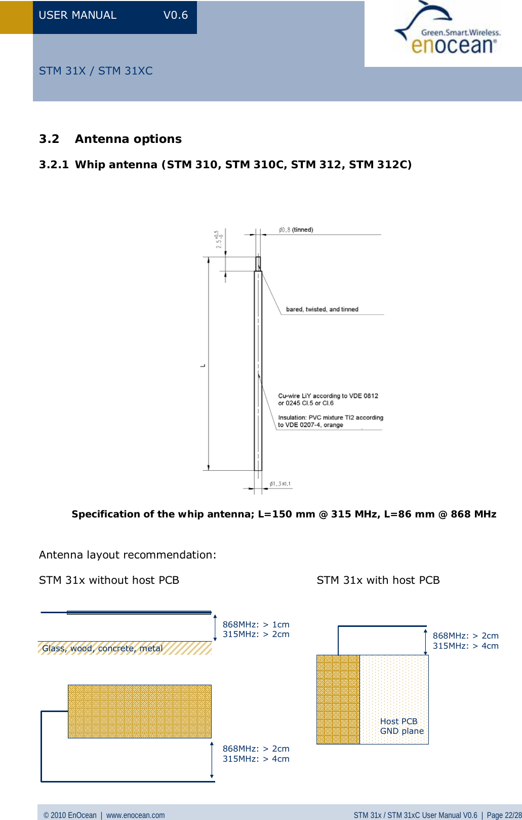 USER MANUAL V0.6 © 2010 EnOcean  |  www.enocean.com STM 31x / STM 31xC User Manual V0.6  |  Page 22/28  STM 31X / STM 31XC3.2 Antenna options 3.2.1 Whip antenna (STM 310, STM 310C, STM 312, STM 312C)       Specification of the whip antenna; L=150 mm @ 315 MHz, L=86 mm @ 868 MHz  Antenna layout recommendation:  STM 31x without host PCB                                     STM 31x with host PCB              Glass, wood, concrete, metal868MHz: &gt; 2cm315MHz: &gt; 4cm868MHz: &gt; 1cm315MHz: &gt; 2cm868MHz: &gt; 2cm315MHz: &gt; 4cmHost PCBGND plane