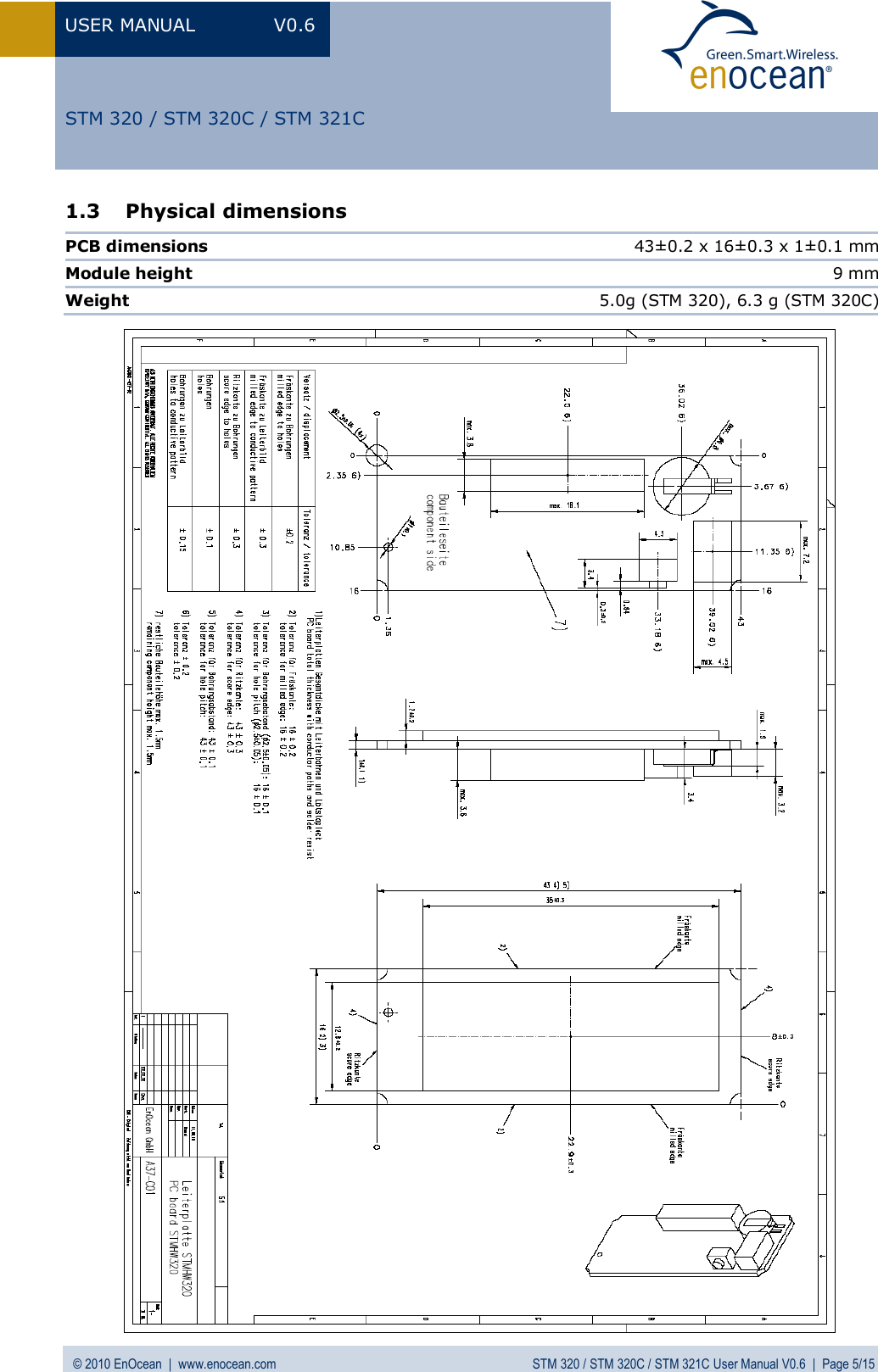USER MANUAL V0.6 © 2010 EnOcean  |  www.enocean.com STM 320 / STM 320C / STM 321C User Manual V0.6  |  Page 5/15  STM 320 / STM 320C / STM 321C 1.3 Physical dimensions                                                   PCB dimensions                         43±0.2 x 16±0.3 x 1±0.1 mm  Module height                         9 mmWeight    5.0g (STM 320), 6.3 g (STM 320C)