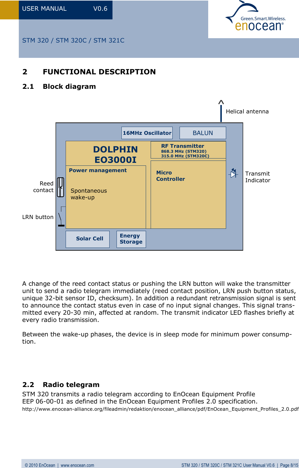 USER MANUAL V0.6 © 2010 EnOcean  |  www.enocean.com STM 320 / STM 320C / STM 321C User Manual V0.6  |  Page 8/15  STM 320 / STM 320C / STM 321C 2 FUNCTIONAL DESCRIPTION 2.1 Block diagram      A change of the reed contact status or pushing the LRN button will wake the transmitter unit to send a radio telegram immediately (reed contact position, LRN push button status, unique 32-bit sensor ID, checksum). In addition a redundant retransmission signal is sent to announce the contact status even in case of no input signal changes. This signal trans-mitted every 20-30 min, affected at random. The transmit indicator LED flashes briefly at every radio transmission.   Between the wake-up phases, the device is in sleep mode for minimum power consump-tion.     2.2 Radio telegram STM 320 transmits a radio telegram according to EnOcean Equipment Profile  EEP 06-00-01 as defined in the EnOcean Equipment Profiles 2.0 specification. http://www.enocean-alliance.org/fileadmin/redaktion/enocean_alliance/pdf/EnOcean_Equipment_Profiles_2.0.pdf  Helical antennaBALUNSpontaneous wake-upPower management MicroControllerRF Transmitter868.3 MHz (STM320)315.0 MHz (STM320C)DOLPHINEO3000I16MHz OscillatorEnergyStorageSolar CellLRN buttonTransmitIndicatorReedcontact