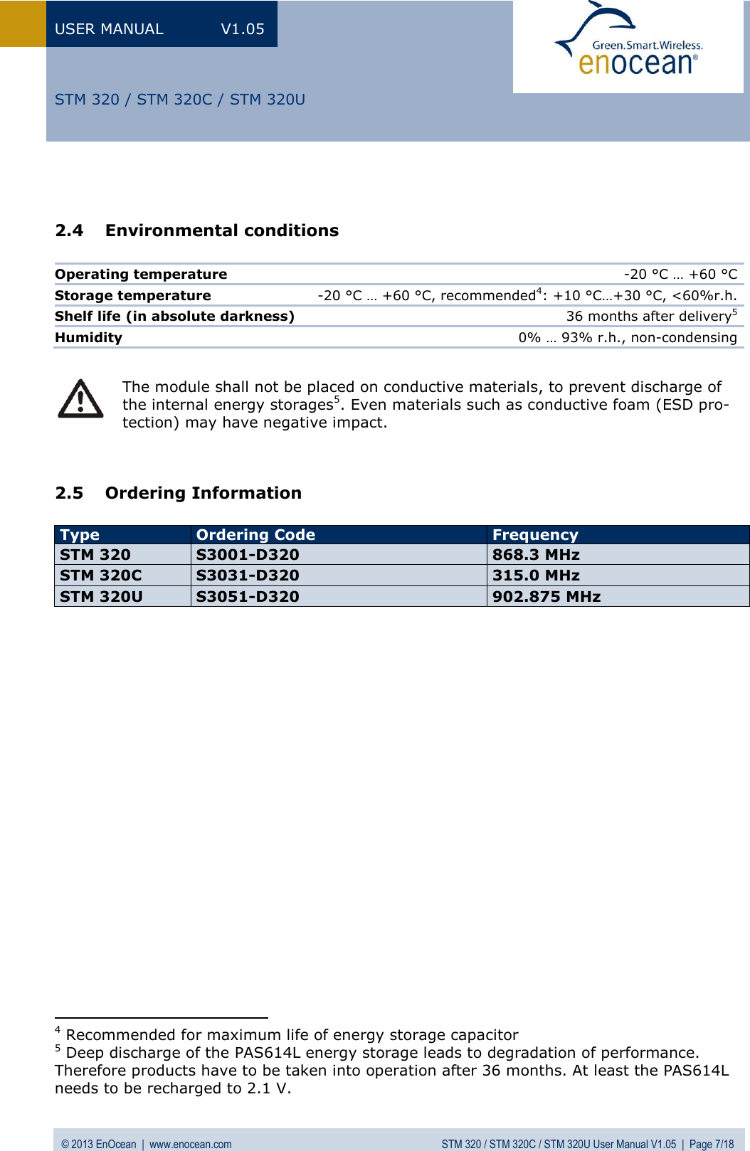 USER MANUAL  V1.05 © 2013 EnOcean  |  www.enocean.com  STM 320 / STM 320C / STM 320U User Manual V1.05  |  Page 7/18   STM 320 / STM 320C / STM 320U   2.4 Environmental conditions  Operating temperature  -20 °C … +60 °C Storage temperature  -20 °C … +60 °C, recommended4: +10 °C…+30 °C, &lt;60%r.h. Shelf life (in absolute darkness) 36 months after delivery5 Humidity 0% … 93% r.h., non-condensing   2.5 Ordering Information  Type Ordering Code Frequency STM 320 S3001-D320 868.3 MHz STM 320C S3031-D320 315.0 MHz STM 320U S3051-D320 902.875 MHz                                                                  4 Recommended for maximum life of energy storage capacitor 5 Deep discharge of the PAS614L energy storage leads to degradation of performance. Therefore products have to be taken into operation after 36 months. At least the PAS614L needs to be recharged to 2.1 V.  The module shall not be placed on conductive materials, to prevent discharge of the internal energy storages5. Even materials such as conductive foam (ESD pro-tection) may have negative impact.  