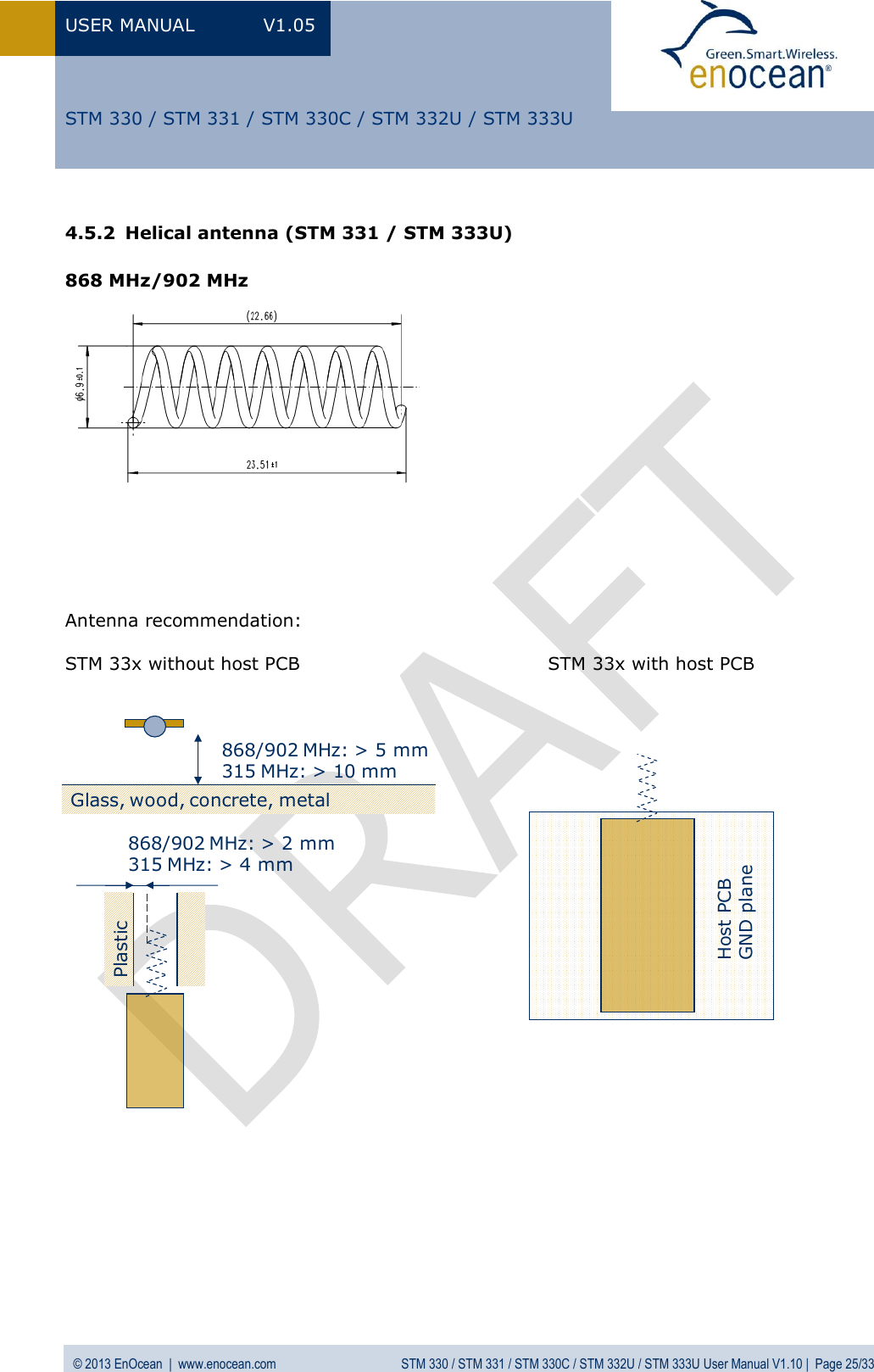 USER MANUAL  V1.05  © 2013 EnOcean  |  www.enocean.com  STM 330 / STM 331 / STM 330C / STM 332U / STM 333U User Manual V1.10 |  Page 25/33   STM 330 / STM 331 / STM 330C / STM 332U / STM 333U 4.5.2 Helical antenna (STM 331 / STM 333U)  868 MHz/902 MHz                Antenna recommendation:  STM 33x without host PCB                                        STM 33x with host PCB                     Host PCBGND planeGlass, wood, concrete, metal868/902 MHz: &gt; 2 mm315 MHz: &gt; 4 mm868/902 MHz: &gt; 5 mm315 MHz: &gt; 10 mmPlastic