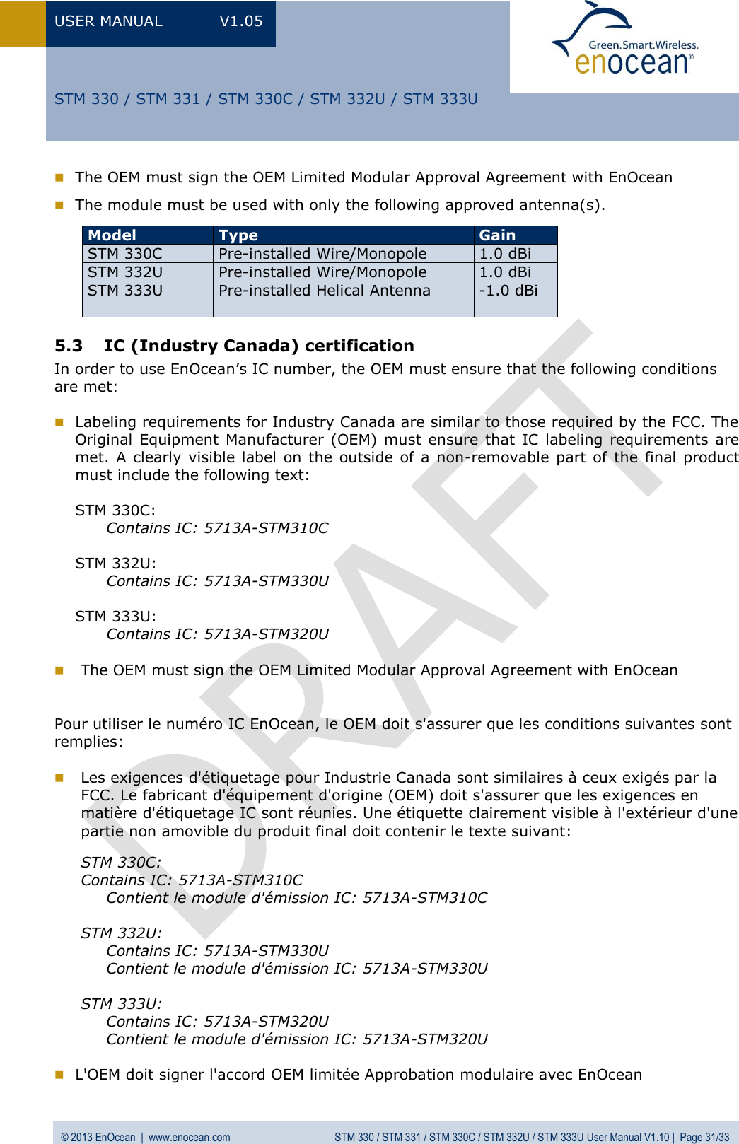 USER MANUAL  V1.05  © 2013 EnOcean  |  www.enocean.com  STM 330 / STM 331 / STM 330C / STM 332U / STM 333U User Manual V1.10 |  Page 31/33   STM 330 / STM 331 / STM 330C / STM 332U / STM 333U  The OEM must sign the OEM Limited Modular Approval Agreement with EnOcean   The module must be used with only the following approved antenna(s).       5.3 IC (Industry Canada) certification In order to use EnOcean’s IC number, the OEM must ensure that the following conditions are met:   Labeling requirements for Industry Canada are similar to those required by the FCC. The Original Equipment Manufacturer  (OEM) must  ensure that  IC labeling  requirements  are met. A  clearly  visible label  on the outside of a non-removable  part of the final product must include the following text:  STM 330C: Contains IC: 5713A-STM310C  STM 332U: Contains IC: 5713A-STM330U  STM 333U: Contains IC: 5713A-STM320U   The OEM must sign the OEM Limited Modular Approval Agreement with EnOcean   Pour utiliser le numéro IC EnOcean, le OEM doit s&apos;assurer que les conditions suivantes sont remplies:   Les exigences d&apos;étiquetage pour Industrie Canada sont similaires à ceux exigés par la FCC. Le fabricant d&apos;équipement d&apos;origine (OEM) doit s&apos;assurer que les exigences en  matière d&apos;étiquetage IC sont réunies. Une étiquette clairement visible à l&apos;extérieur d&apos;une partie non amovible du produit final doit contenir le texte suivant:  STM 330C: Contains IC: 5713A-STM310C    Contient le module d&apos;émission IC: 5713A-STM310C  STM 332U:   Contains IC: 5713A-STM330U    Contient le module d&apos;émission IC: 5713A-STM330U  STM 333U:   Contains IC: 5713A-STM320U    Contient le module d&apos;émission IC: 5713A-STM320U   L&apos;OEM doit signer l&apos;accord OEM limitée Approbation modulaire avec EnOcean Model Type Gain STM 330C Pre-installed Wire/Monopole 1.0 dBi STM 332U Pre-installed Wire/Monopole 1.0 dBi STM 333U Pre-installed Helical Antenna -1.0 dBi 