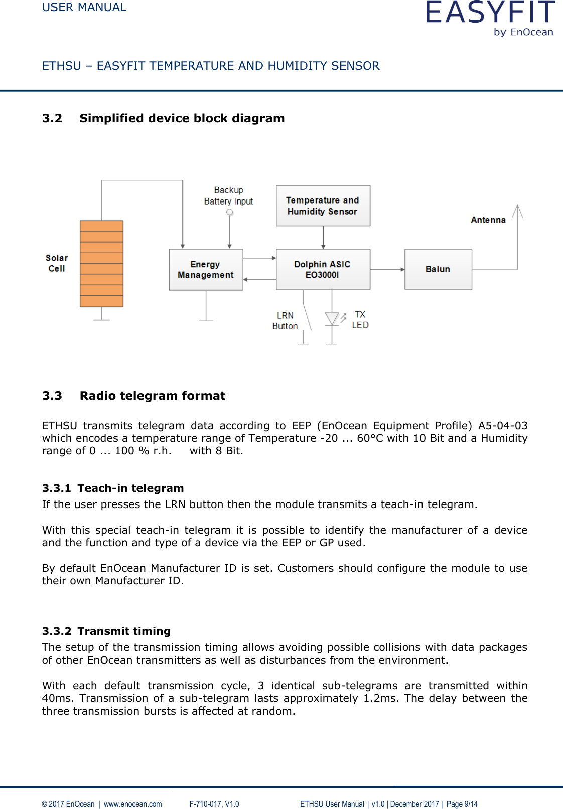  USER MANUAL    ETHSU – EASYFIT TEMPERATURE AND HUMIDITY SENSOR  © 2017 EnOcean  |  www.enocean.com   F-710-017, V1.0        ETHSU User Manual  | v1.0 | December 2017 |  Page 9/14  3.2 Simplified device block diagram       3.3 Radio telegram format  ETHSU  transmits  telegram  data  according  to  EEP  (EnOcean  Equipment  Profile)  A5-04-03 which encodes a temperature range of Temperature -20 ... 60°C with 10 Bit and a Humidity range of 0 ... 100 % r.h.  with 8 Bit.  3.3.1 Teach-in telegram If the user presses the LRN button then the module transmits a teach-in telegram.   With  this  special  teach-in  telegram  it  is  possible  to  identify  the  manufacturer  of  a  device and the function and type of a device via the EEP or GP used.   By default EnOcean Manufacturer ID is set. Customers should configure the module to use their own Manufacturer ID.    3.3.2 Transmit timing  The setup of the transmission timing allows avoiding possible collisions with data packages of other EnOcean transmitters as well as disturbances from the environment.   With  each  default  transmission  cycle,  3  identical  sub-telegrams  are  transmitted  within 40ms. Transmission  of a sub-telegram lasts  approximately  1.2ms. The delay between the three transmission bursts is affected at random.  