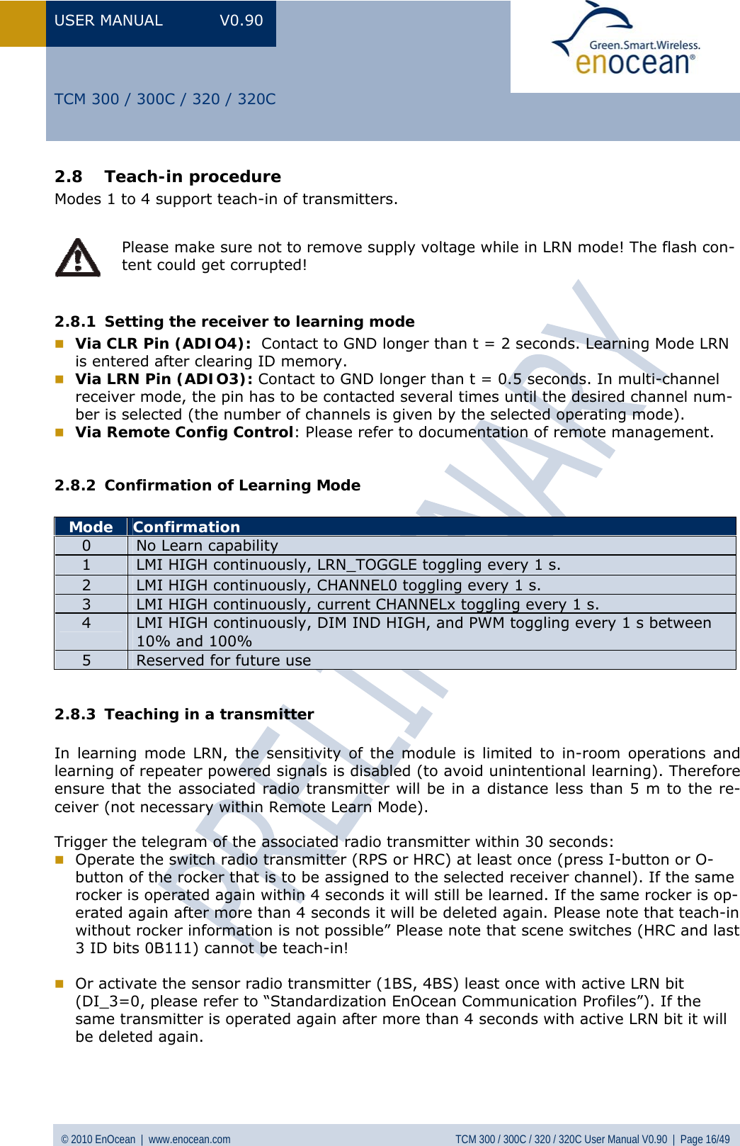 Page 16 of EnOcean TCM320C Transceiver Module User Manual  TCM3xy V0 90wip