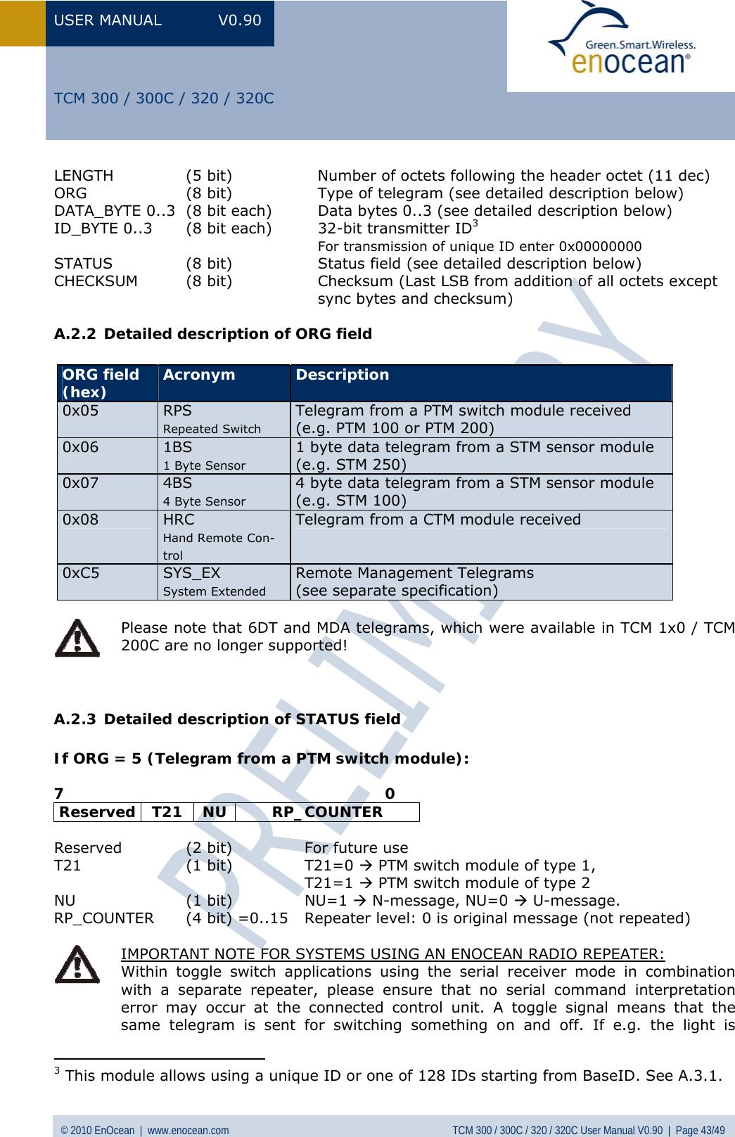 Page 43 of EnOcean TCM320C Transceiver Module User Manual  TCM3xy V0 90wip