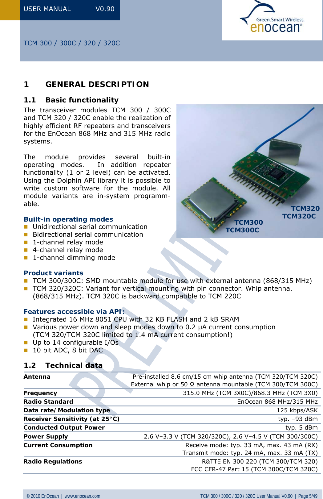 Page 5 of EnOcean TCM320C Transceiver Module User Manual  TCM3xy V0 90wip