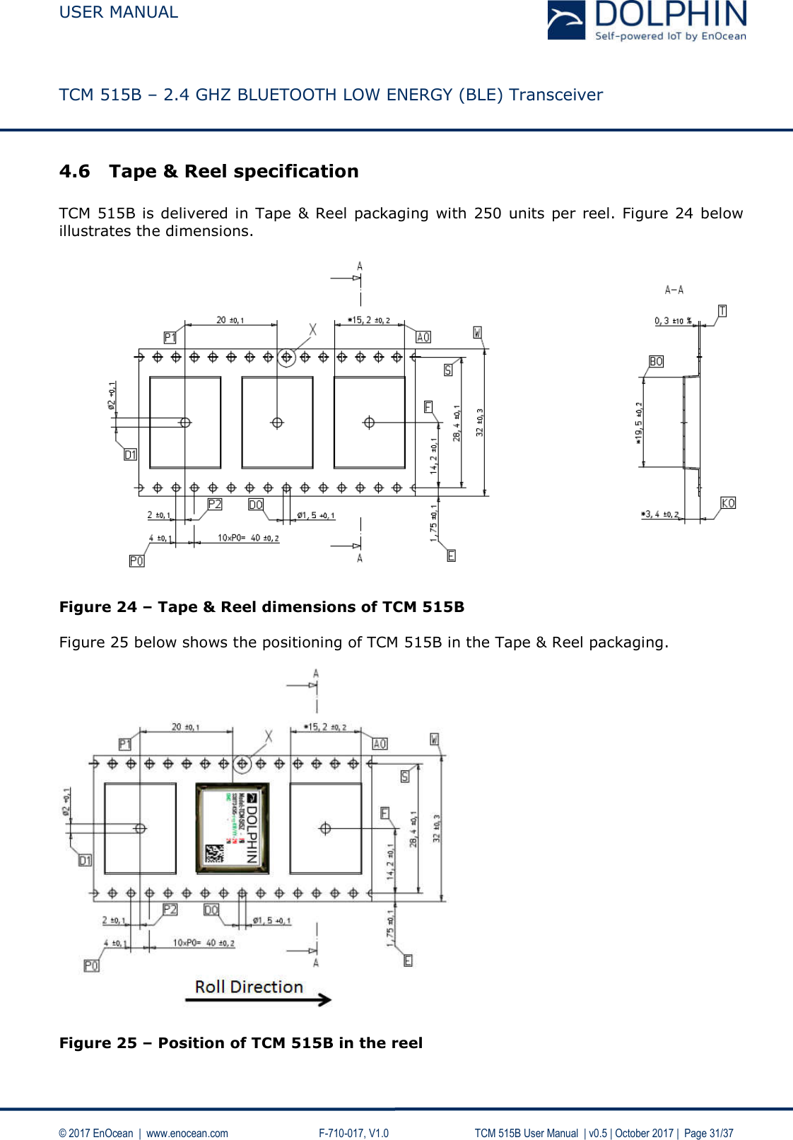  USER MANUAL    TCM 515B – 2.4 GHZ BLUETOOTH LOW ENERGY (BLE) Transceiver   © 2017 EnOcean  |  www.enocean.com     F-710-017, V1.0        TCM 515B User Manual  | v0.5 | October 2017 |  Page 31/37 4.6 Tape &amp; Reel specification  TCM 515B is delivered in Tape &amp; Reel packaging with 250 units per reel. Figure 24 below illustrates the dimensions.                     Figure 24 – Tape &amp; Reel dimensions of TCM 515B  Figure 25 below shows the positioning of TCM 515B in the Tape &amp; Reel packaging.    Figure 25 – Position of TCM 515B in the reel  