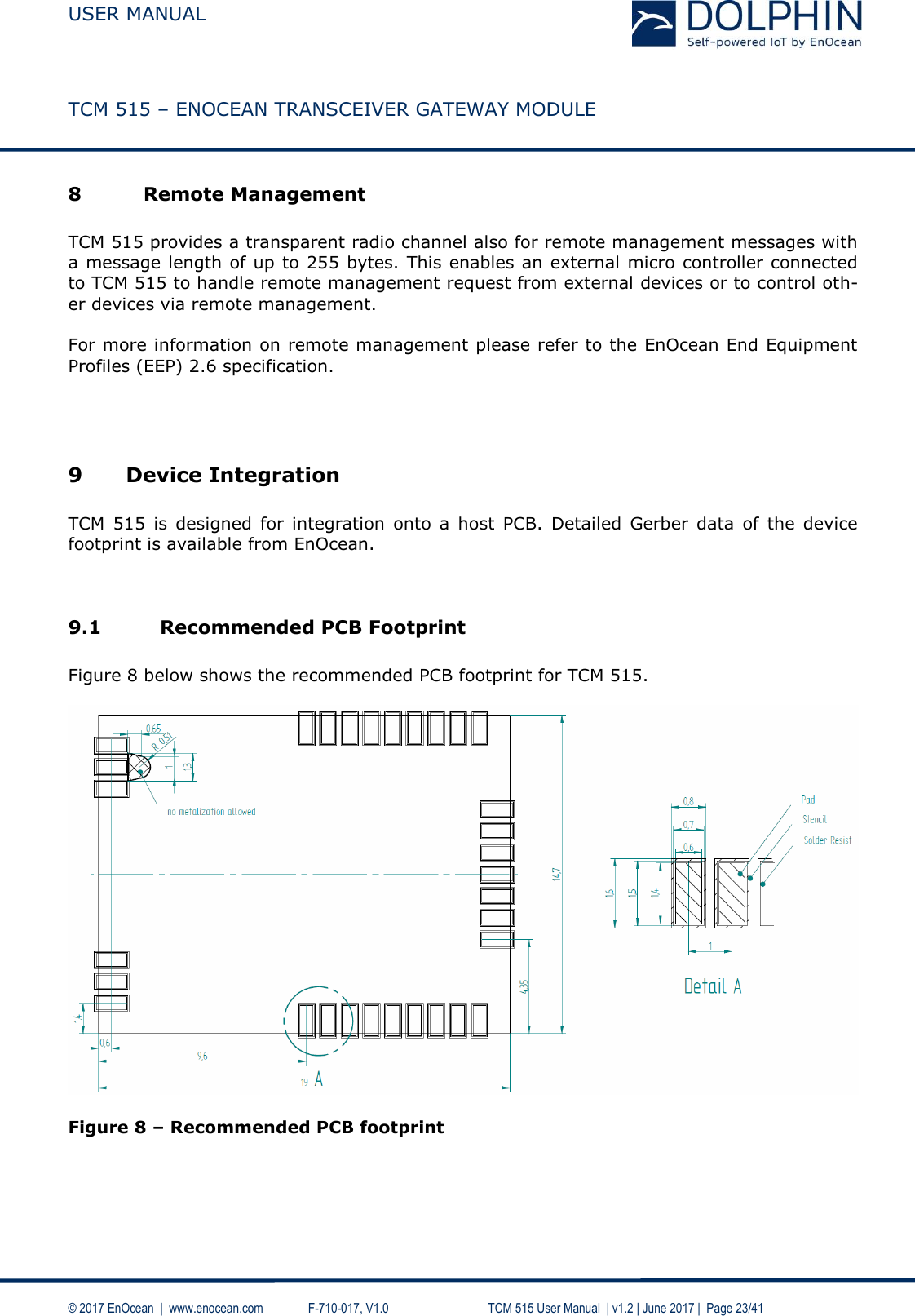  USER MANUAL    TCM 515 – ENOCEAN TRANSCEIVER GATEWAY MODULE  © 2017 EnOcean  |  www.enocean.com   F-710-017, V1.0        TCM 515 User Manual  | v1.2 | June 2017 |  Page 23/41  8 Remote Management  TCM 515 provides a transparent radio channel also for remote management messages with a message length of up to 255 bytes. This enables an external micro controller connected to TCM 515 to handle remote management request from external devices or to control oth-er devices via remote management.   For more information on remote management please refer to the EnOcean End Equipment Profiles (EEP) 2.6 specification.     9 Device Integration  TCM  515  is  designed  for  integration  onto  a  host  PCB.  Detailed  Gerber  data  of  the  device footprint is available from EnOcean.    9.1 Recommended PCB Footprint  Figure 8 below shows the recommended PCB footprint for TCM 515.     Figure 8 – Recommended PCB footprint    