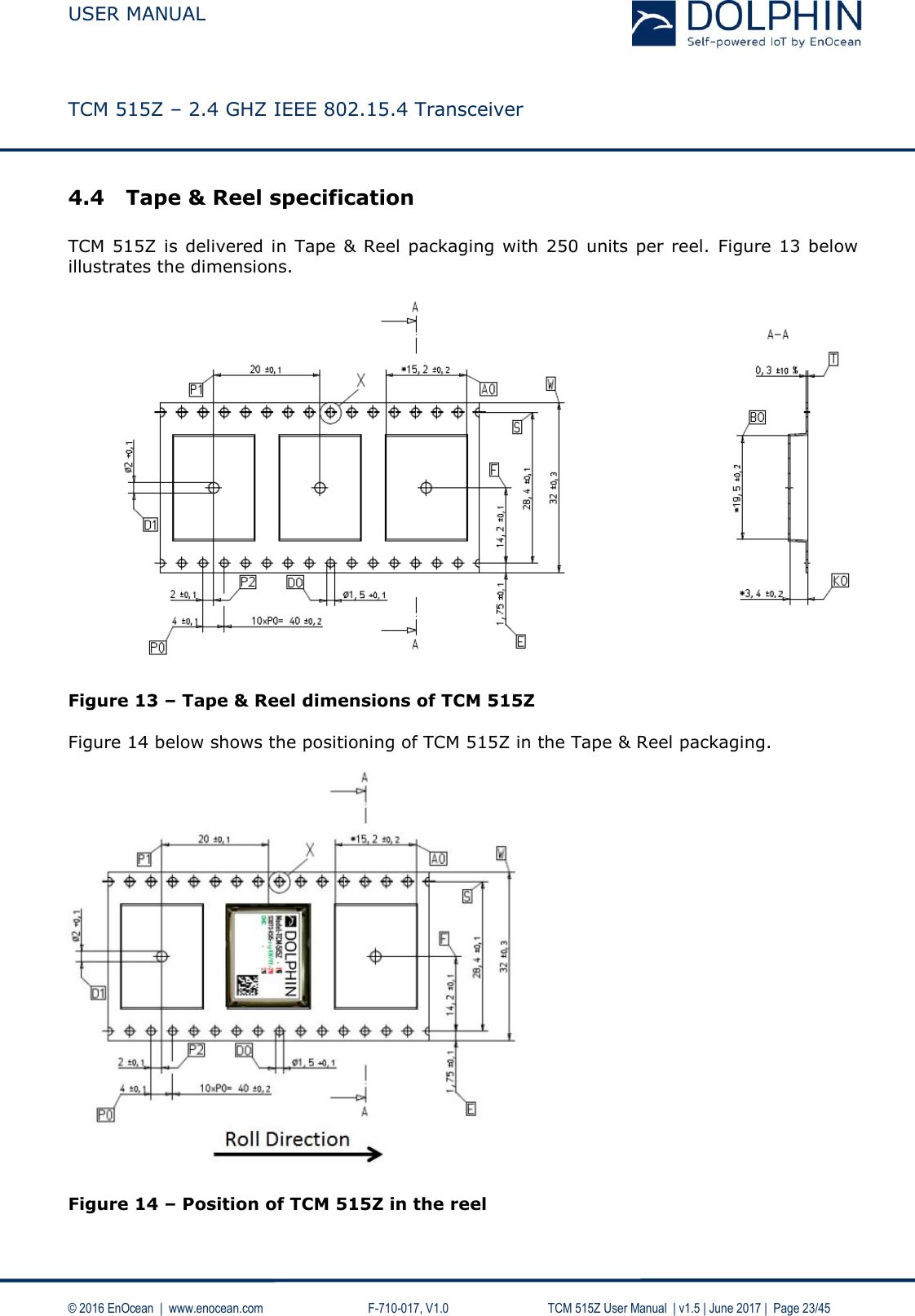  USER MANUAL    TCM 515Z – 2.4 GHZ IEEE 802.15.4 Transceiver   © 2016 EnOcean  |  www.enocean.com     F-710-017, V1.0        TCM 515Z User Manual  | v1.5 | June 2017 |  Page 23/45 4.4 Tape &amp; Reel specification  TCM 515Z is delivered in Tape &amp; Reel packaging with 250 units per reel.  Figure 13 below illustrates the dimensions.                     Figure 13 – Tape &amp; Reel dimensions of TCM 515Z  Figure 14 below shows the positioning of TCM 515Z in the Tape &amp; Reel packaging.    Figure 14 – Position of TCM 515Z in the reel   