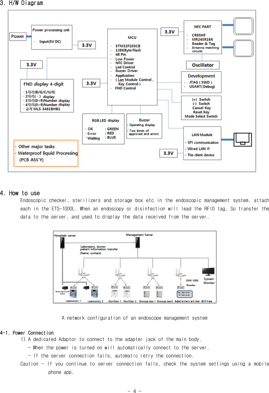 -  4  -3. H/W Diagram4. How to useEndoscopic checker,  sterilizers and storage box etc in the endoscopic management  system, attach           each in the ETS-1000L. When an endoscopy or disinfection will lead the RFID tag. So transfer the          data to the server, and used to display the data received from the server.A network configuration of an endoscope management system4-1. Power Connection1) A dedicated Adaptor to connect to the adapter jack of the main body.   - When the power is turned on will automatically connect to the server.           - If the server connection fails, automatic retry the connection.        Caution - If  you  continue to server  connection  fails,  check the  system  settings using  a  mobile                       phone app.