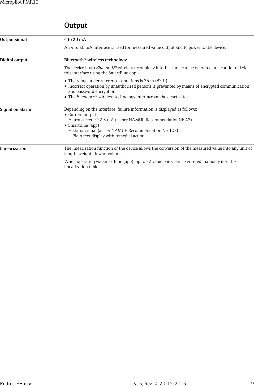 Micropilot FMR10Endress+Hauser V. 5, Rev. 2, 20-12-2016 9OutputOutput signal 4 to 20 mAAn 4 to 20 mA interface is used for measured value output and to power to the device.Digital output Bluetooth® wireless technologyThe device has a Bluetooth® wireless technology interface and can be operated and configured viathis interface using the SmartBlue app.• The range under reference conditions is 25 m (82 ft)• Incorrect operation by unauthorized persons is prevented by means of encrypted communicationand password encryption.• The Bluetooth® wireless technology interface can be deactivated.Signal on alarm Depending on the interface, failure information is displayed as follows:• Current outputAlarm current: 22.5 mA (as per NAMUR RecommendationNE 43)• SmartBlue (app)– Status signal (as per NAMUR Recommendation NE 107)– Plain text display with remedial actionLinearization The linearization function of the device allows the conversion of the measured value into any unit oflength, weight, flow or volume.When operating via SmartBlue (app), up to 32 value pairs can be entered manually into thelinearization table.