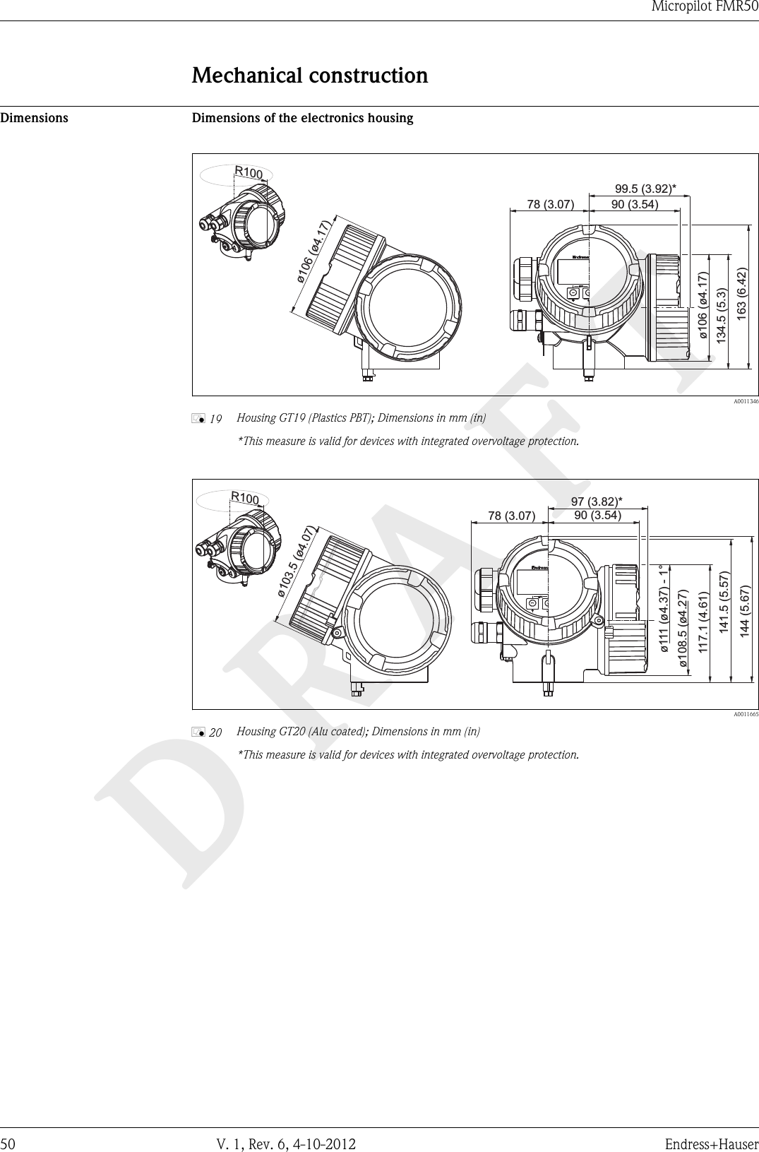 DRAFTMicropilot FMR5050 V. 1, Rev. 6, 4-10-2012 Endress+HauserMechanical constructionDimensions Dimensions of the electronics housing163(6.42)134.5(5.3)ø106(ø4.17)78(3.07) 90(3.54)99.5(3.92)*ø106(ø4.17)R100  A0011346å 19 Housing GT19 (Plastics PBT); Dimensions in mm (in)    *This measure is valid for devices with integrated overvoltage protection.144(5.67)141.5(5.57)117.1(4.61)ø111(ø4.37)-1°ø108.5(ø4.27)78(3.07) 90(3.54)97(3.82)*ø103.5(ø4.07)R100  A0011665å 20 Housing GT20 (Alu coated); Dimensions in mm (in)    *This measure is valid for devices with integrated overvoltage protection.