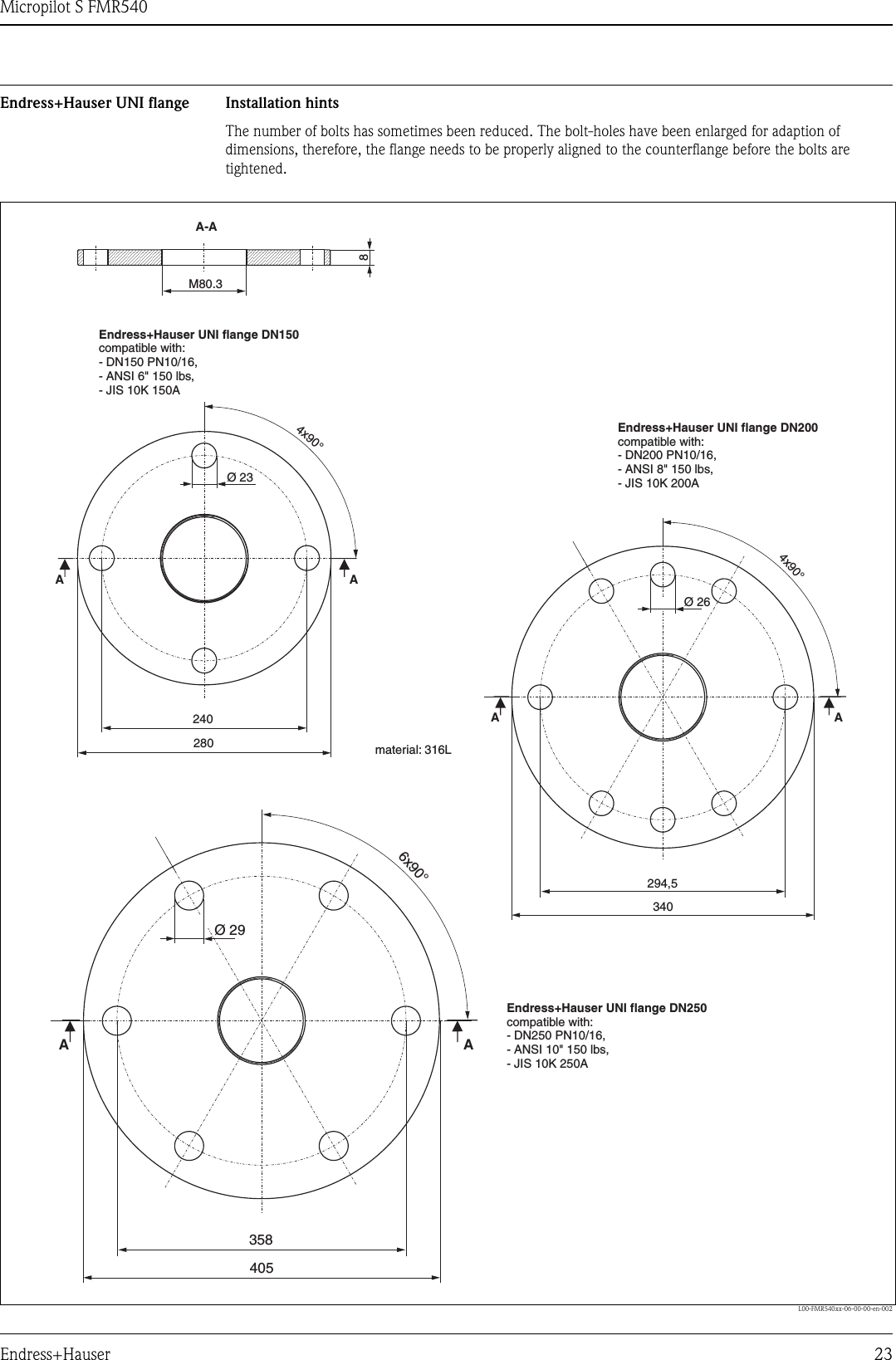 Micropilot S FMR540Endress+Hauser 23Endress+Hauser UNI flange Installation hintsThe number of bolts has sometimes been reduced. The bolt-holes have been enlarged for adaption of dimensions, therefore, the flange needs to be properly aligned to the counterflange before the bolts are tightened.L00-FMR540xx-06-00-00-en-0024x90°280Ø 23AAAAAAA-A83404054x90°6x90°Ø 26Ø 29240294,5358Endress+Hauser UNI flange DN150compatible with:- DN150 PN10/16,- ANSI 6&quot; 150 lbs,- JIS 10K 150AEndress+Hauser UNI flange DN200compatible with:- DN200 PN10/16,- ANSI 8&quot; 150 lbs,- JIS 10K 200AEndress+Hauser UNI flange DN250compatible with:- DN250 PN10/16,- ANSI 10&quot; 150 lbs,- JIS 10K 250Amaterial: 316LM80.3