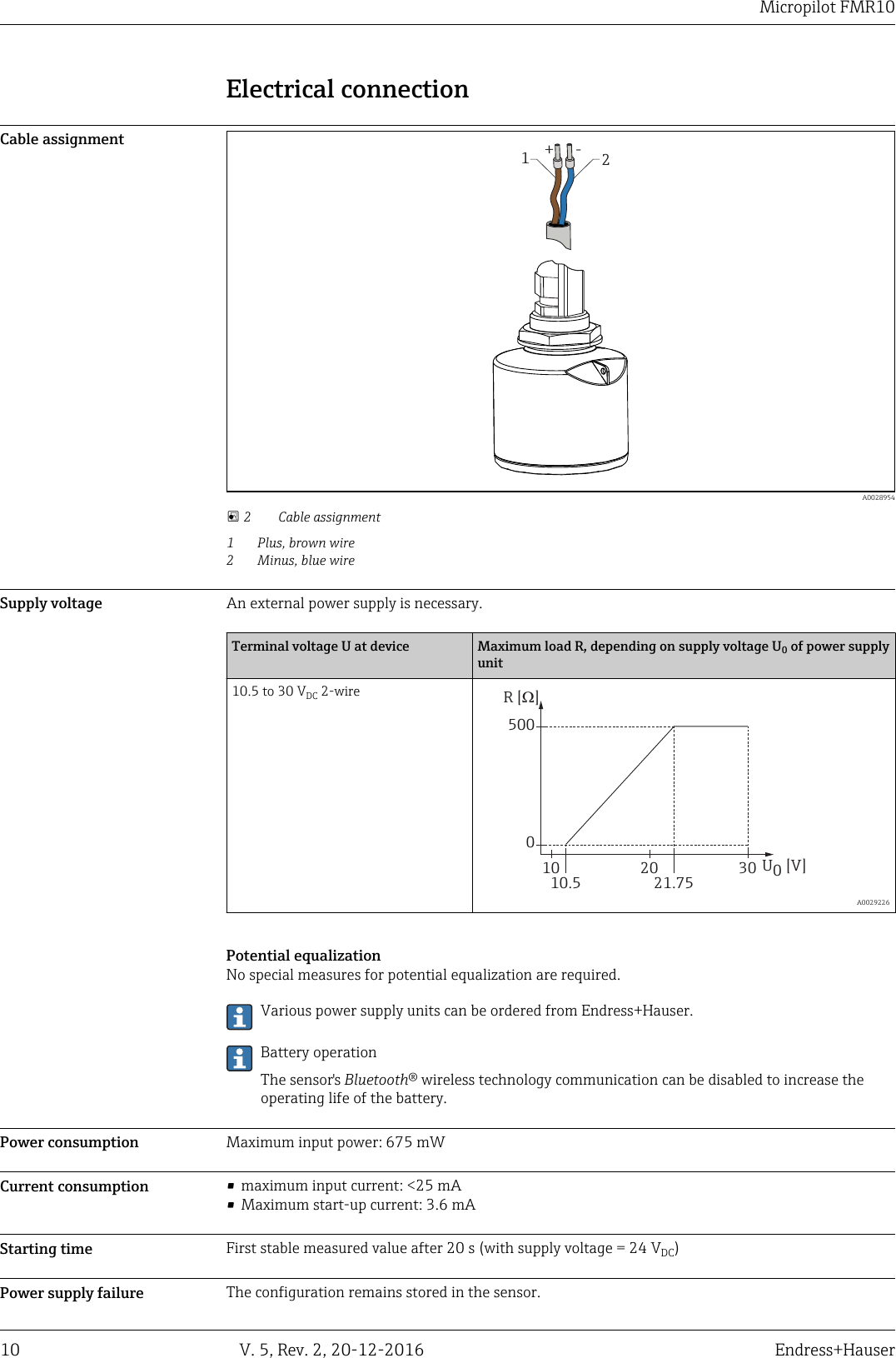 Micropilot FMR1010 V. 5, Rev. 2, 20-12-2016 Endress+HauserElectrical connectionCable assignment-+12  A0028954 2 Cable assignment1 Plus, brown wire2 Minus, blue wireSupply voltage An external power supply is necessary.Terminal voltage U at device Maximum load R, depending on supply voltage U0 of power supplyunit10.5 to 30 VDC 2-wireR [ ]WU0[V]1010.5 21.7520 300500  A0029226Potential equalizationNo special measures for potential equalization are required.Various power supply units can be ordered from Endress+Hauser.Battery operationThe sensor's Bluetooth&reg; wireless technology communication can be disabled to increase theoperating life of the battery.Power consumption Maximum input power: 675 mWCurrent consumption &bull; maximum input current: <25 mA&bull; Maximum start-up current: 3.6 mAStarting time First stable measured value after 20 s (with supply voltage = 24 VDC)Power supply failure The configuration remains stored in the sensor.