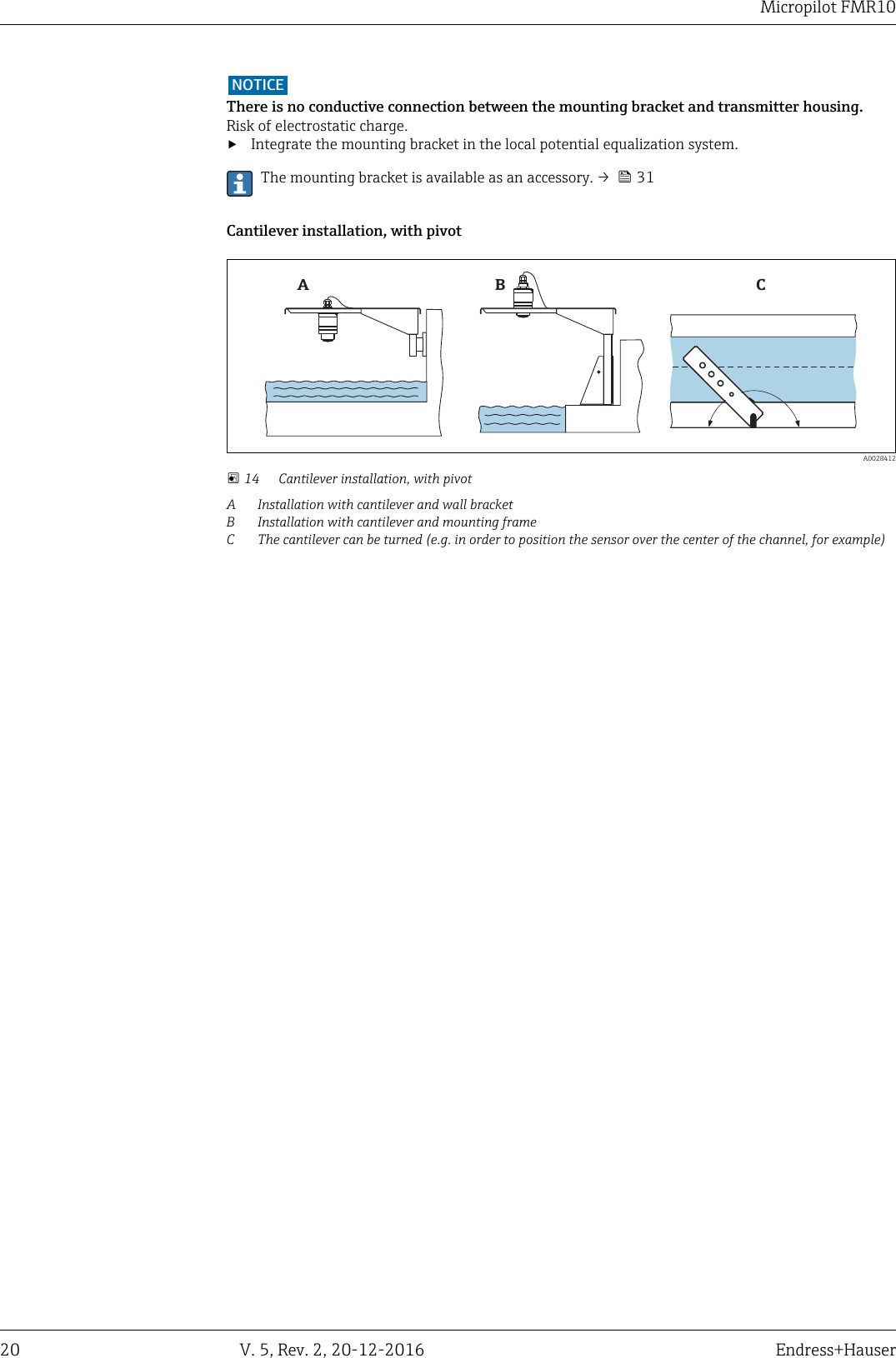 Micropilot FMR1020 V. 5, Rev. 2, 20-12-2016 Endress+HauserNOTICEThere is no conductive connection between the mounting bracket and transmitter housing.Risk of electrostatic charge.‣Integrate the mounting bracket in the local potential equalization system.The mounting bracket is available as an accessory. &rarr;   31Cantilever installation, with pivotABC  A0028412 14 Cantilever installation, with pivotA Installation with cantilever and wall bracketB Installation with cantilever and mounting frameC The cantilever can be turned (e.g. in order to position the sensor over the center of the channel, for example)