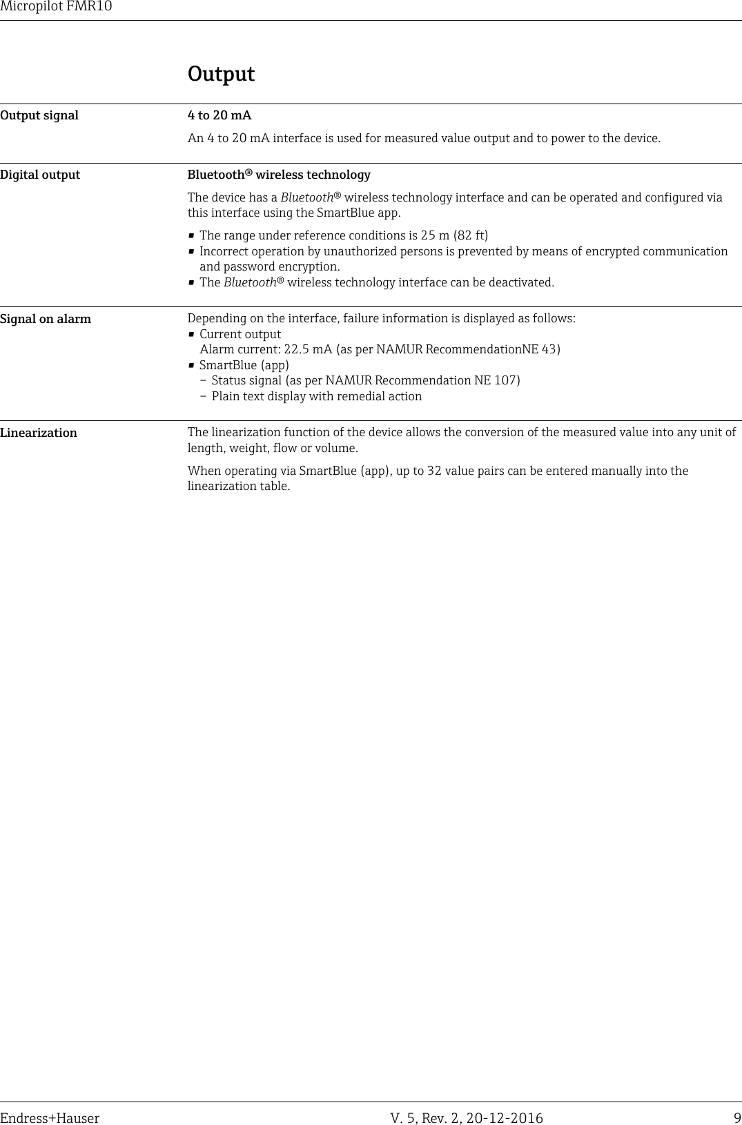 Micropilot FMR10Endress+Hauser V. 5, Rev. 2, 20-12-2016 9OutputOutput signal 4 to 20 mAAn 4 to 20 mA interface is used for measured value output and to power to the device.Digital output Bluetooth&reg; wireless technologyThe device has a Bluetooth&reg; wireless technology interface and can be operated and configured viathis interface using the SmartBlue app.&bull; The range under reference conditions is 25 m (82 ft)&bull; Incorrect operation by unauthorized persons is prevented by means of encrypted communicationand password encryption.&bull; The Bluetooth&reg; wireless technology interface can be deactivated.Signal on alarm Depending on the interface, failure information is displayed as follows:&bull; Current outputAlarm current: 22.5 mA (as per NAMUR RecommendationNE 43)&bull; SmartBlue (app)&ndash; Status signal (as per NAMUR Recommendation NE 107)&ndash; Plain text display with remedial actionLinearization The linearization function of the device allows the conversion of the measured value into any unit oflength, weight, flow or volume.When operating via SmartBlue (app), up to 32 value pairs can be entered manually into thelinearization table.