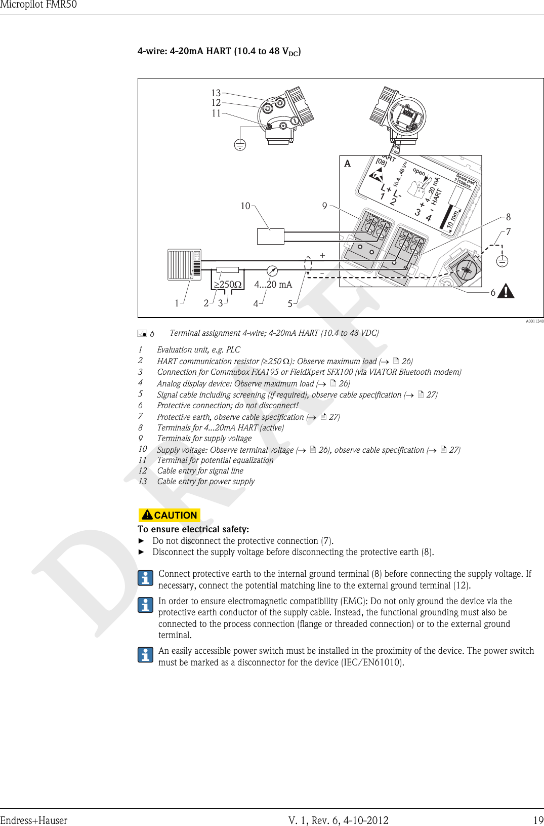 DRAFTMicropilot FMR50Endress+Hauser V. 1, Rev. 6, 4-10-2012 194-wire: 4-20mA HART (10.4 to 48 VDC)31+L+ 424...20 mAHART10.4...48 V=10 mmSpare part71108xxx2- wire4-20 mAHART[08]open-L-A131211910+-2 3 4678514...20 mA³ W250  A0011340å 6 Terminal assignment 4-wire; 4-20mA HART (10.4 to 48 VDC)1Evaluation unit, e.g. PLC2HART communication resistor (³250 W): Observe maximum load (®  ä 26)3 Connection for Commubox FXA195 or FieldXpert SFX100 (via VIATOR Bluetooth modem)4Analog display device: Observe maximum load (®  ä 26)5Signal cable including screening (if required), observe cable specification (®  ä 27)6 Protective connection; do not disconnect!7Protective earth, observe cable specification (®  ä 27)8 Terminals for 4...20mA HART (active)9 Terminals for supply voltage10 Supply voltage: Observe terminal voltage (®  ä 26), observe cable specification (®  ä 27)11 Terminal for potential equalization12 Cable entry for signal line13 Cable entry for power supply!CAUTIONTo ensure electrical safety:►Do not disconnect the protective connection (7).►Disconnect the supply voltage before disconnecting the protective earth (8).Connect protective earth to the internal ground terminal (8) before connecting the supply voltage. Ifnecessary, connect the potential matching line to the external ground terminal (12).In order to ensure electromagnetic compatibility (EMC): Do not only ground the device via theprotective earth conductor of the supply cable. Instead, the functional grounding must also beconnected to the process connection (flange or threaded connection) or to the external groundterminal.An easily accessible power switch must be installed in the proximity of the device. The power switchmust be marked as a disconnector for the device (IEC/EN61010).