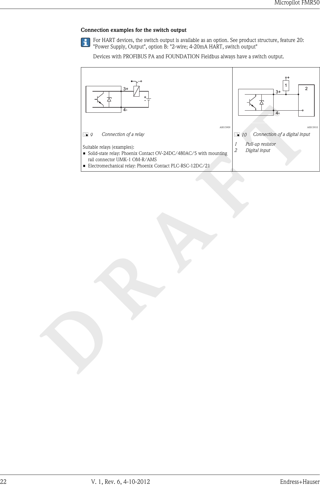 DRAFTMicropilot FMR5022 V. 1, Rev. 6, 4-10-2012 Endress+HauserConnection examples for the switch outputFor HART devices, the switch output is available as an option. See product structure, feature 20:&quot;Power Supply, Output&quot;, option B: &quot;2-wire; 4-20mA HART, switch output&quot;Devices with PROFIBUS PA and FOUNDATION Fieldbus always have a switch output.3++-4-  A0015909å 9 Connection of a relaySuitable relays (examples):• Solid-state relay: Phoenix Contact OV-24DC/480AC/5 with mountingrail connector UMK-1 OM-R/AMS• Electromechanical relay: Phoenix Contact PLC-RSC-12DC/213+21+4-  A0015910å 10 Connection of a digital input1 Pull-up resistor2 Digital input