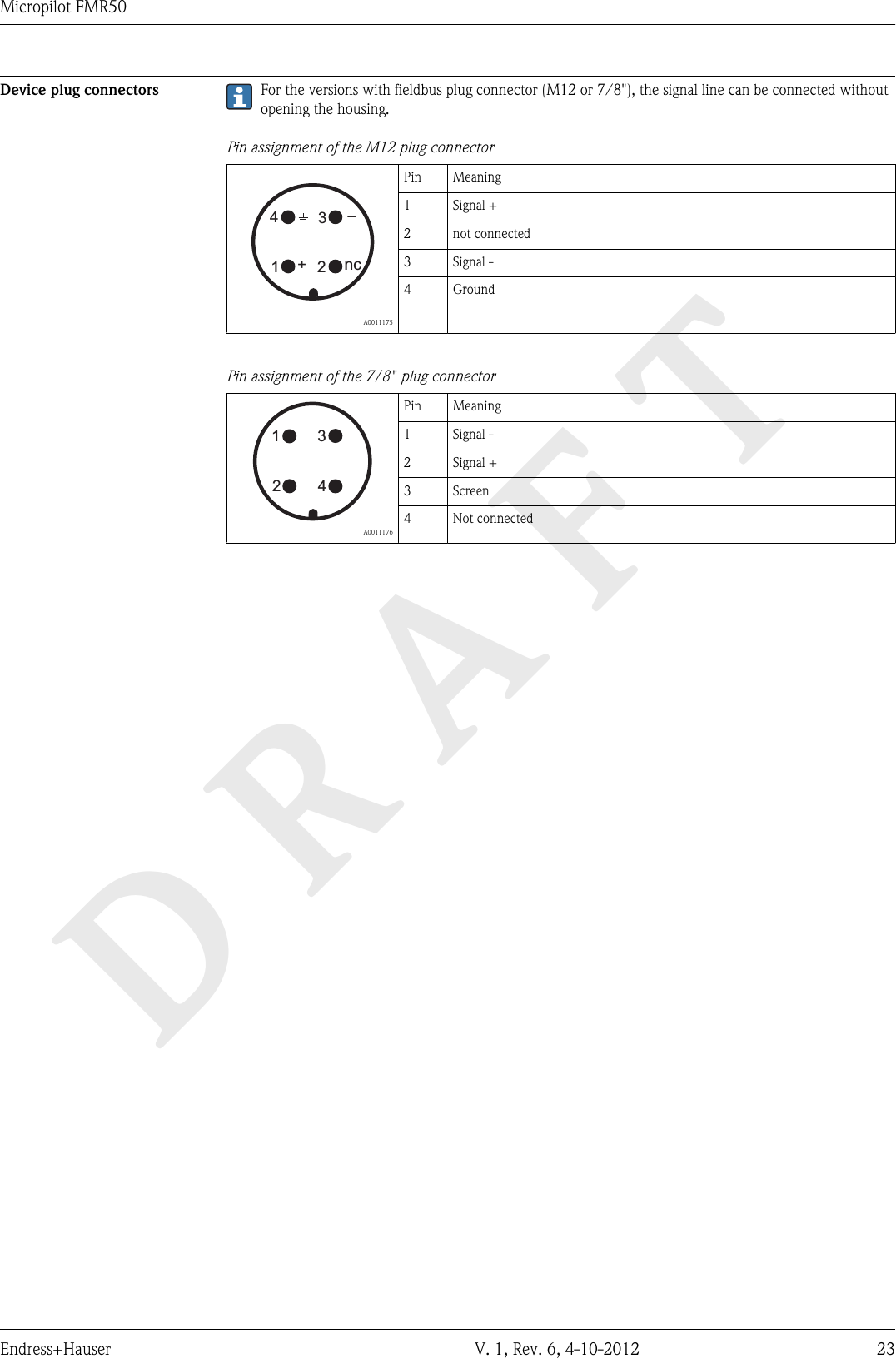 DRAFTMicropilot FMR50Endress+Hauser V. 1, Rev. 6, 4-10-2012 23Device plug connectors For the versions with fieldbus plug connector (M12 or 7/8&quot;), the signal line can be connected withoutopening the housing.Pin assignment of the M12 plug connector2134+–nc  A0011175Pin Meaning1 Signal +2 not connected3 Signal -4 GroundPin assignment of the 7/8&quot; plug connector2143  A0011176Pin Meaning1 Signal -2 Signal +3 Screen4 Not connected