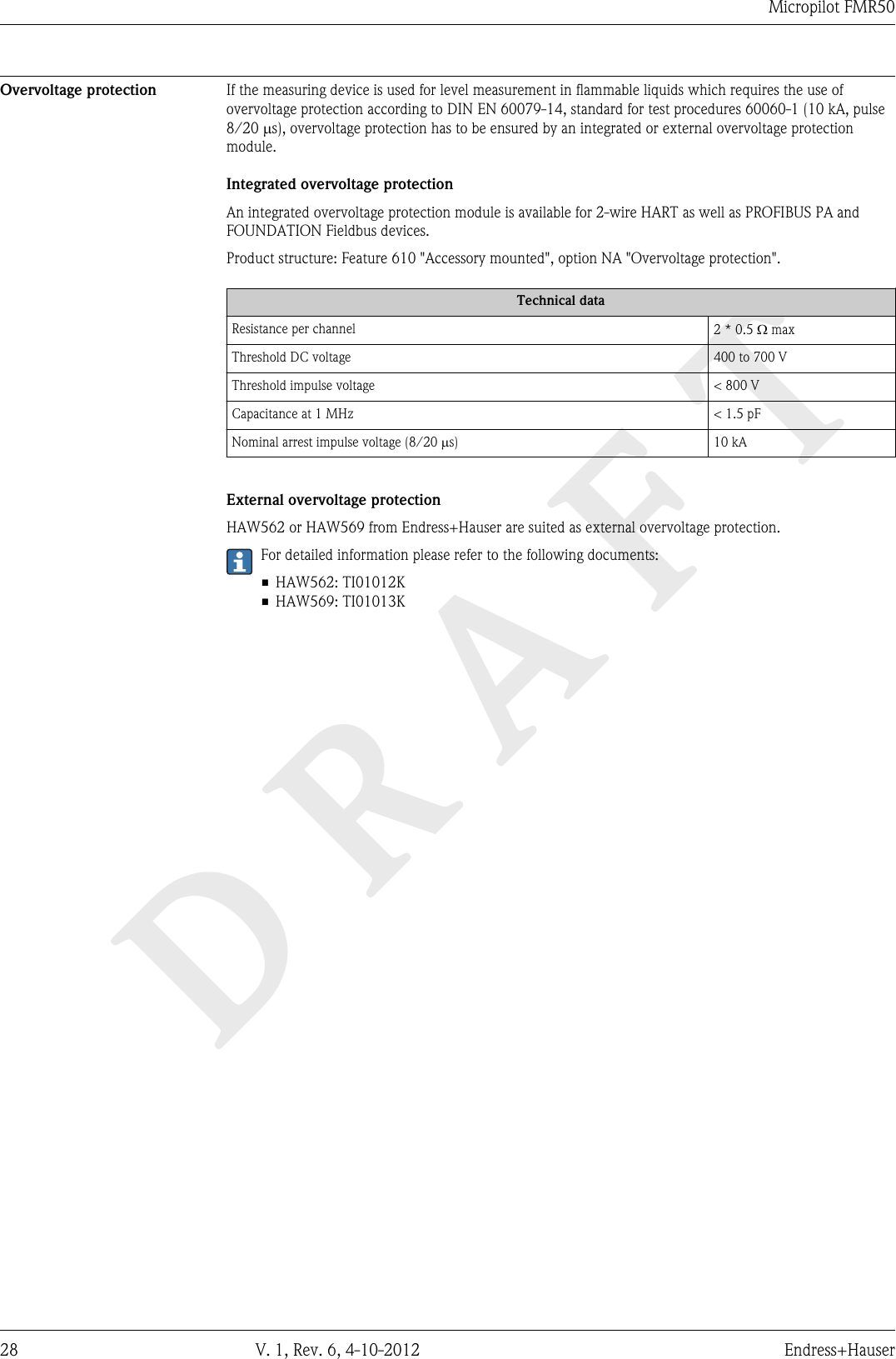 DRAFTMicropilot FMR5028 V. 1, Rev. 6, 4-10-2012 Endress+HauserOvervoltage protection If the measuring device is used for level measurement in flammable liquids which requires the use ofovervoltage protection according to DIN EN 60079-14, standard for test procedures 60060-1 (10 kA, pulse8/20 ms), overvoltage protection has to be ensured by an integrated or external overvoltage protectionmodule.Integrated overvoltage protectionAn integrated overvoltage protection module is available for 2-wire HART as well as PROFIBUS PA andFOUNDATION Fieldbus devices.Product structure: Feature 610 &quot;Accessory mounted&quot;, option NA &quot;Overvoltage protection&quot;.Technical dataResistance per channel 2 * 0.5 W maxThreshold DC voltage 400 to 700 VThreshold impulse voltage &lt; 800 VCapacitance at 1 MHz &lt; 1.5 pFNominal arrest impulse voltage (8/20 ms) 10 kAExternal overvoltage protectionHAW562 or HAW569 from Endress+Hauser are suited as external overvoltage protection.For detailed information please refer to the following documents:• HAW562: TI01012K• HAW569: TI01013K