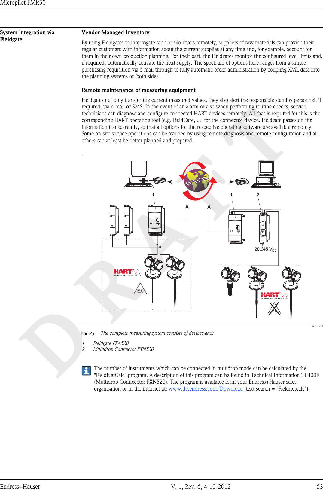 DRAFTMicropilot FMR50Endress+Hauser V. 1, Rev. 6, 4-10-2012 63System integration viaFieldgateVendor Managed InventoryBy using Fieldgates to interrogate tank or silo levels remotely, suppliers of raw materials can provide theirregular customers with information about the current supplies at any time and, for example, account forthem in their own production planning. For their part, the Fieldgates monitor the configured level limits and,if required, automatically activate the next supply. The spectrum of options here ranges from a simplepurchasing requisition via e-mail through to fully automatic order administration by coupling XML data intothe planning systems on both sides.Remote maintenance of measuring equipmentFieldgates not only transfer the current measured values, they also alert the responsible standby personnel, ifrequired, via e-mail or SMS. In the event of an alarm or also when performing routine checks, servicetechnicians can diagnose and configure connected HART devices remotely. All that is required for this is thecorresponding HART operating tool (e.g. FieldCare, ...) for the connected device. Fieldgate passes on theinformation transparently, so that all options for the respective operating software are available remotely.Some on-site service operations can be avoided by using remote diagnosis and remote configuration and allothers can at least be better planned and prepared.-ENDRESS+HAUSERRN 221NENDRESS+HAUSERRN 221N.20...45VDCFXN520FXN5201 1 2  A0011278å 25 The complete measuring system consists of devices and:1Fieldgate FXA5202 Multidrop Connector FXN520The number of instruments which can be connected in mutidrop mode can be calculated by the&quot;FieldNetCalc&quot; program. A description of this program can be found in Technical Information TI 400F(Multidrop Conncector FXN520). The program is available form your Endress+Hauser salesorganisation or in the internet at: www.de.endress.com/Download (text search = &quot;Fieldnetcalc&quot;).