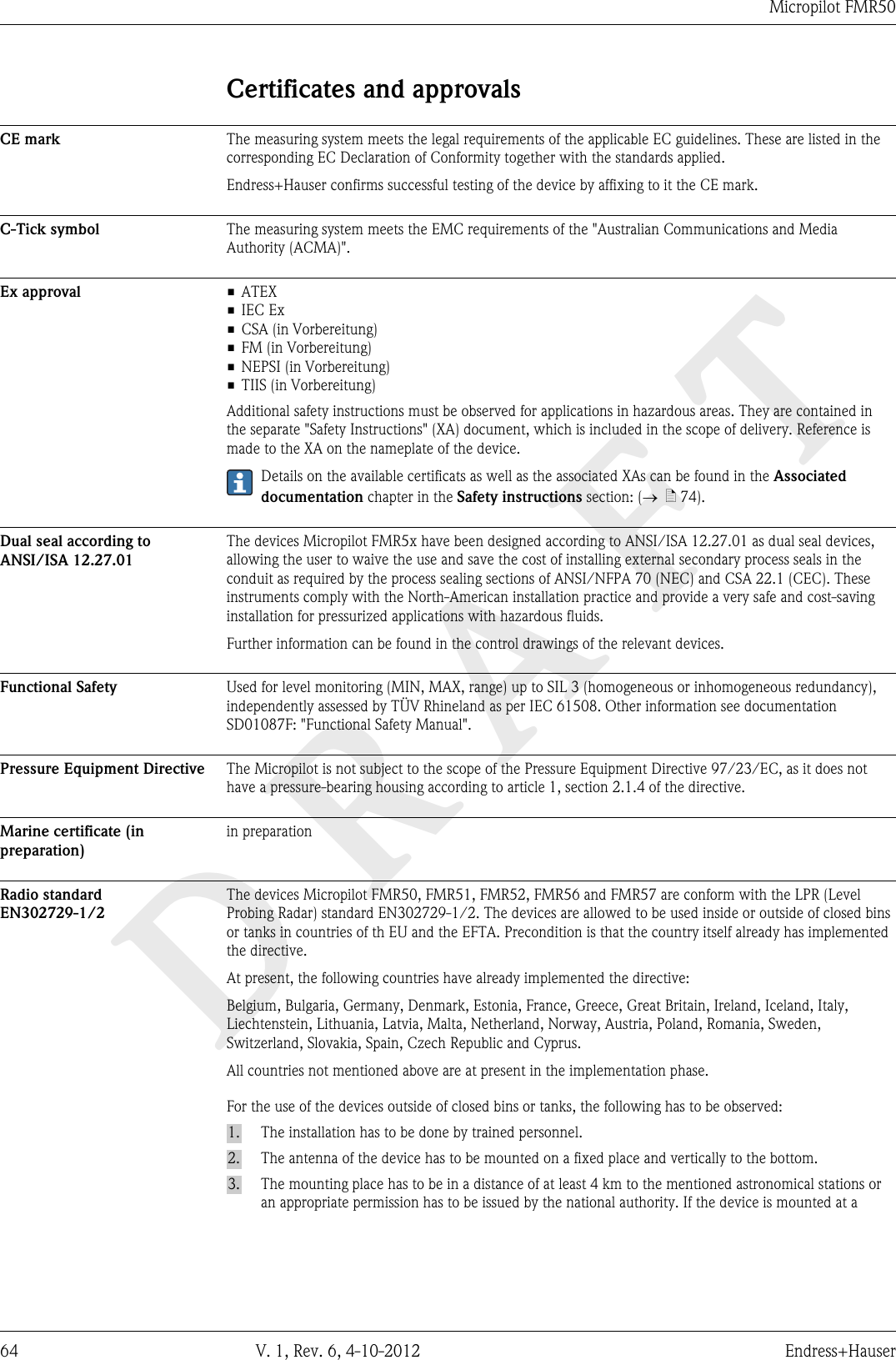 DRAFTMicropilot FMR5064 V. 1, Rev. 6, 4-10-2012 Endress+HauserCertificates and approvalsCE mark The measuring system meets the legal requirements of the applicable EC guidelines. These are listed in thecorresponding EC Declaration of Conformity together with the standards applied.Endress+Hauser confirms successful testing of the device by affixing to it the CE mark.C-Tick symbol The measuring system meets the EMC requirements of the &quot;Australian Communications and MediaAuthority (ACMA)&quot;.Ex approval • ATEX• IEC Ex• CSA (in Vorbereitung)• FM (in Vorbereitung)• NEPSI (in Vorbereitung)• TIIS (in Vorbereitung)Additional safety instructions must be observed for applications in hazardous areas. They are contained inthe separate &quot;Safety Instructions&quot; (XA) document, which is included in the scope of delivery. Reference ismade to the XA on the nameplate of the device.Details on the available certificats as well as the associated XAs can be found in the Associateddocumentation chapter in the Safety instructions section: (®  ä 74).Dual seal according toANSI/ISA 12.27.01The devices Micropilot FMR5x have been designed according to ANSI/ISA 12.27.01 as dual seal devices,allowing the user to waive the use and save the cost of installing external secondary process seals in theconduit as required by the process sealing sections of ANSI/NFPA 70 (NEC) and CSA 22.1 (CEC). Theseinstruments comply with the North-American installation practice and provide a very safe and cost-savinginstallation for pressurized applications with hazardous fluids.Further information can be found in the control drawings of the relevant devices.Functional Safety Used for level monitoring (MIN, MAX, range) up to SIL 3 (homogeneous or inhomogeneous redundancy),independently assessed by TÜV Rhineland as per IEC 61508. Other information see documentationSD01087F: &quot;Functional Safety Manual&quot;.Pressure Equipment Directive The Micropilot is not subject to the scope of the Pressure Equipment Directive 97/23/EC, as it does nothave a pressure-bearing housing according to article 1, section 2.1.4 of the directive.Marine certificate (inpreparation)in preparationRadio standardEN302729-1/2The devices Micropilot FMR50, FMR51, FMR52, FMR56 and FMR57 are conform with the LPR (LevelProbing Radar) standard EN302729-1/2. The devices are allowed to be used inside or outside of closed binsor tanks in countries of th EU and the EFTA. Precondition is that the country itself already has implementedthe directive.At present, the following countries have already implemented the directive:Belgium, Bulgaria, Germany, Denmark, Estonia, France, Greece, Great Britain, Ireland, Iceland, Italy,Liechtenstein, Lithuania, Latvia, Malta, Netherland, Norway, Austria, Poland, Romania, Sweden,Switzerland, Slovakia, Spain, Czech Republic and Cyprus.All countries not mentioned above are at present in the implementation phase.For the use of the devices outside of closed bins or tanks, the following has to be observed:1. The installation has to be done by trained personnel.2. The antenna of the device has to be mounted on a fixed place and vertically to the bottom.3. The mounting place has to be in a distance of at least 4 km to the mentioned astronomical stations oran appropriate permission has to be issued by the national authority. If the device is mounted at a