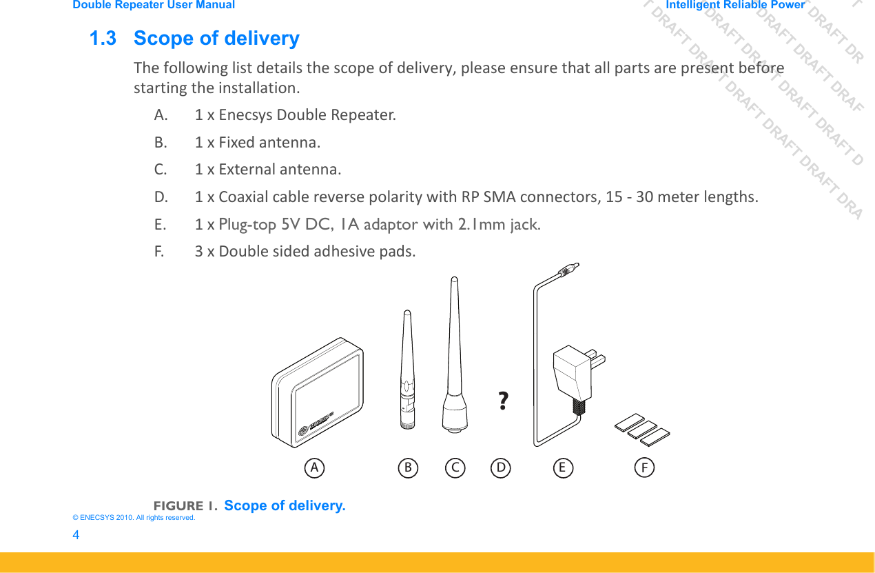 DRAFT DRAFT DRAFT DRDRAFT DRAFT DRAFT DRAFDRAFT DRAFT DRAFT DRAFT DRAFT DDRAFT DRAFT DRAFT DRAFT DRAFT DRAFT DRADouble Repeater User Manual Intelligent Reliable Power4&copy; ENECSYS 2010. All rights reserved.1.3   Scope of deliveryThe following list details the scope of delivery, please ensure that all parts are present before starting the installation.A. 1 x Enecsys Double Repeater.B. 1 x Fixed antenna.C. 1 x External antenna.D. 1 x Coaxial cable reverse polarity with RP SMA connectors, 15 - 30 meter lengths. E. 1 x Plug-top 5V DC, 1A adaptor with 2.1mm jack.F. 3 x Double sided adhesive pads.FIGURE 1.Scope of delivery.?A B D E FC