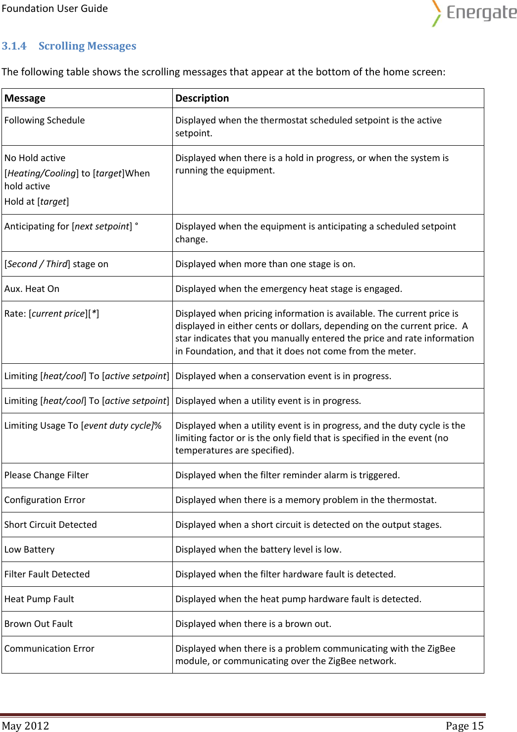 Foundation User Guide  May 2012  Page 15  3.1.4 Scrolling Messages The following table shows the scrolling messages that appear at the bottom of the home screen:  Message  Description Following Schedule Displayed when the thermostat scheduled setpoint is the active setpoint.  No Hold active [Heating/Cooling] to [target]When hold active Hold at [target] Displayed when there is a hold in progress, or when the system is running the equipment. Anticipating for [next setpoint] ° Displayed when the equipment is anticipating a scheduled setpoint change. [Second / Third] stage on Displayed when more than one stage is on. Aux. Heat On Displayed when the emergency heat stage is engaged. Rate: [current price][*] Displayed when pricing information is available. The current price is displayed in either cents or dollars, depending on the current price.  A star indicates that you manually entered the price and rate information in Foundation, and that it does not come from the meter. Limiting [heat/cool] To [active setpoint] Displayed when a conservation event is in progress. Limiting [heat/cool] To [active setpoint] Displayed when a utility event is in progress. Limiting Usage To [event duty cycle]% Displayed when a utility event is in progress, and the duty cycle is the limiting factor or is the only field that is specified in the event (no temperatures are specified). Please Change Filter Displayed when the filter reminder alarm is triggered.  Configuration Error Displayed when there is a memory problem in the thermostat. Short Circuit Detected Displayed when a short circuit is detected on the output stages. Low Battery Displayed when the battery level is low. Filter Fault Detected Displayed when the filter hardware fault is detected. Heat Pump Fault Displayed when the heat pump hardware fault is detected. Brown Out Fault Displayed when there is a brown out. Communication Error Displayed when there is a problem communicating with the ZigBee module, or communicating over the ZigBee network. 