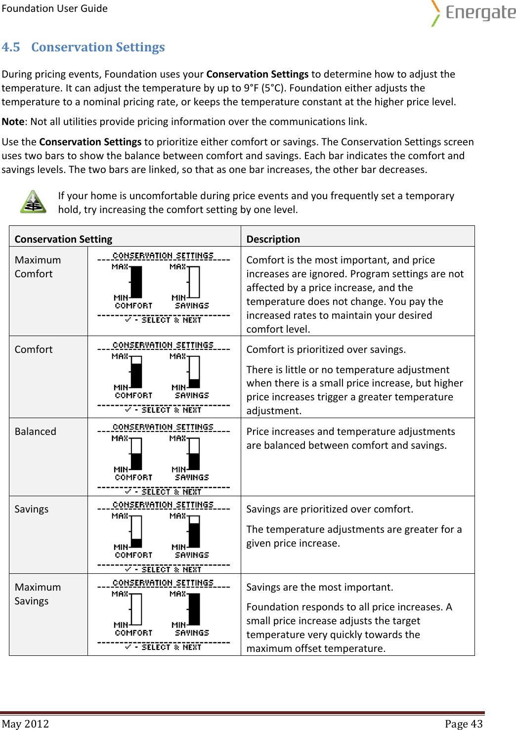 Foundation User Guide  May 2012  Page 43  4.5 Conservation Settings During pricing events, Foundation uses your Conservation Settings to determine how to adjust the temperature. It can adjust the temperature by up to 9°F (5°C). Foundation either adjusts the temperature to a nominal pricing rate, or keeps the temperature constant at the higher price level.  Note: Not all utilities provide pricing information over the communications link.  Use the Conservation Settings to prioritize either comfort or savings. The Conservation Settings screen uses two bars to show the balance between comfort and savings. Each bar indicates the comfort and savings levels. The two bars are linked, so that as one bar increases, the other bar decreases.   If your home is uncomfortable during price events and you frequently set a temporary hold, try increasing the comfort setting by one level.  Conservation Setting Description Maximum Comfort  Comfort is the most important, and price increases are ignored. Program settings are not affected by a price increase, and the temperature does not change. You pay the increased rates to maintain your desired comfort level. Comfort  Comfort is prioritized over savings. There is little or no temperature adjustment when there is a small price increase, but higher price increases trigger a greater temperature adjustment.  Balanced  Price increases and temperature adjustments are balanced between comfort and savings.  Savings  Savings are prioritized over comfort. The temperature adjustments are greater for a given price increase. Maximum Savings  Savings are the most important.  Foundation responds to all price increases. A small price increase adjusts the target temperature very quickly towards the maximum offset temperature. 