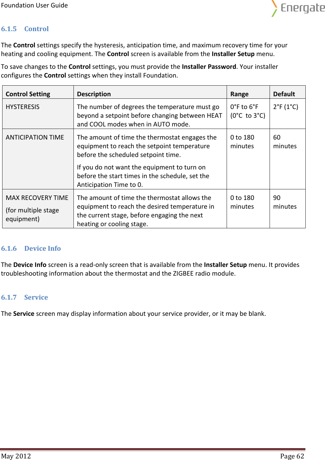 Foundation User Guide  May 2012  Page 62  6.1.5 Control The Control settings specify the hysteresis, anticipation time, and maximum recovery time for your heating and cooling equipment. The Control screen is available from the Installer Setup menu. To save changes to the Control settings, you must provide the Installer Password. Your installer configures the Control settings when they install Foundation.  6.1.6 Device Info The Device Info screen is a read-only screen that is available from the Installer Setup menu. It provides troubleshooting information about the thermostat and the ZIGBEE radio module. 6.1.7 Service The Service screen may display information about your service provider, or it may be blank.     Control Setting Description Range Default HYSTERESIS The number of degrees the temperature must go beyond a setpoint before changing between HEAT and COOL modes when in AUTO mode.   0°F to 6°F (0°C  to 3°C) 2°F (1°C) ANTICIPATION TIME  The amount of time the thermostat engages the equipment to reach the setpoint temperature before the scheduled setpoint time.   If you do not want the equipment to turn on before the start times in the schedule, set the Anticipation Time to 0.  0 to 180 minutes 60 minutes MAX RECOVERY TIME  (for multiple stage equipment) The amount of time the thermostat allows the equipment to reach the desired temperature in the current stage, before engaging the next heating or cooling stage.   0 to 180 minutes 90 minutes 