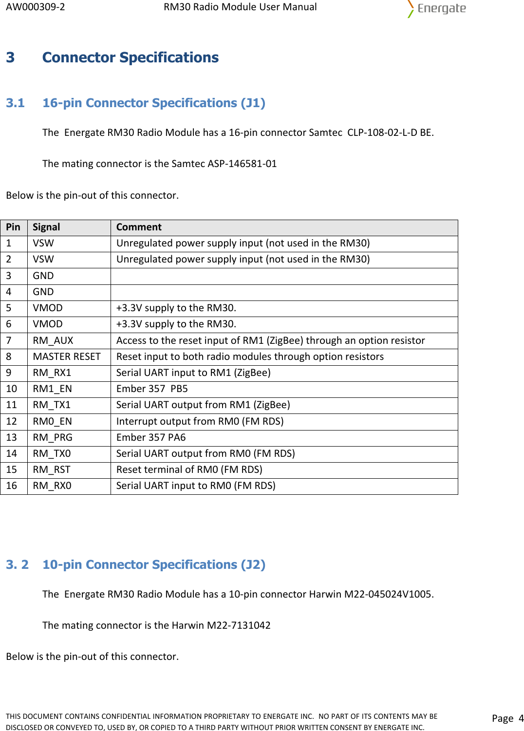 AW000309‐2RM30RadioModuleUserManualTHISDOCUMENTCONTAINSCONFIDENTIALINFORMATIONPROPRIETARYTOENERGATEINC.NOPARTOFITSCONTENTSMAYBEDISCLOSEDORCONVEYEDTO,USEDBY,ORCOPIEDTOATHIRDPARTYWITHOUTPRIORWRITTENCONSENTBYENERGATEINC.Page43 Connector Specifications   3.1   16-pin Connector Specifications (J1) TheEnergateRM30RadioModulehasa16‐pinconnectorSamtecCLP‐108‐02‐L‐DBE.ThematingconnectoristheSamtecASP‐146581‐01Belowisthepin‐outofthisconnector.PinSignalComment1VSWUnregulatedpowersupplyinput(notusedintheRM30)2VSWUnregulatedpowersupplyinput(notusedintheRM30)3GND4GND5VMOD+3.3VsupplytotheRM30.6VMOD+3.3VsupplytotheRM30.7RM_AUXAccesstotheresetinputofRM1(ZigBee)throughanoptionresistor8MASTERRESETResetinputtobothradiomodulesthroughoptionresistors9RM_RX1SerialUARTinputtoRM1(ZigBee)10RM1_ENEmber357PB511RM_TX1SerialUARToutputfromRM1(ZigBee)12RM0_ENInterruptoutputfromRM0(FMRDS)13RM_PRGEmber357PA614RM_TX0SerialUARToutputfromRM0(FMRDS)15RM_RSTResetterminalofRM0(FMRDS)16RM_RX0SerialUARTinputtoRM0(FMRDS) 3. 2  10-pin Connector Specifications (J2) TheEnergateRM30RadioModulehasa10‐pinconnectorHarwinM22‐045024V1005.ThematingconnectoristheHarwinM22‐7131042Belowisthepin‐outofthisconnector.