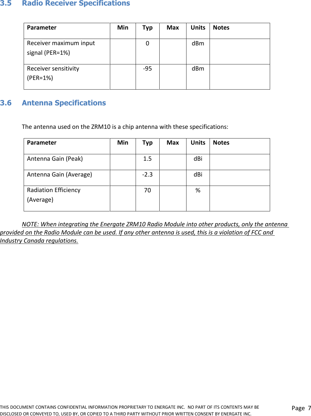 THIS DOCUMENT CONTAINS CONFIDENTIAL INFORMATION PROPRIETARY TO ENERGATE INC.  NO PART OF ITS CONTENTS MAY BE DISCLOSED OR CONVEYED TO, USED BY, OR COPIED TO A THIRD PARTY WITHOUT PRIOR WRITTEN CONSENT BY ENERGATE INC. Page  7  3.5  Radio Receiver Specifications  Parameter Min Typ Max Units Notes Receiver maximum input signal (PER=1%)  0  dBm  Receiver sensitivity (PER=1%)  -95  dBm   3.6  Antenna Specifications  The antenna used on the ZRM10 is a chip antenna with these specifications: Parameter Min Typ Max Units Notes Antenna Gain (Peak)  1.5  dBi  Antenna Gain (Average)  -2.3  dBi  Radiation Efficiency (Average)  70  %   NOTE: When integrating the Energate ZRM10 Radio Module into other products, only the antenna provided on the Radio Module can be used. If any other antenna is used, this is a violation of FCC and Industry Canada regulations.  