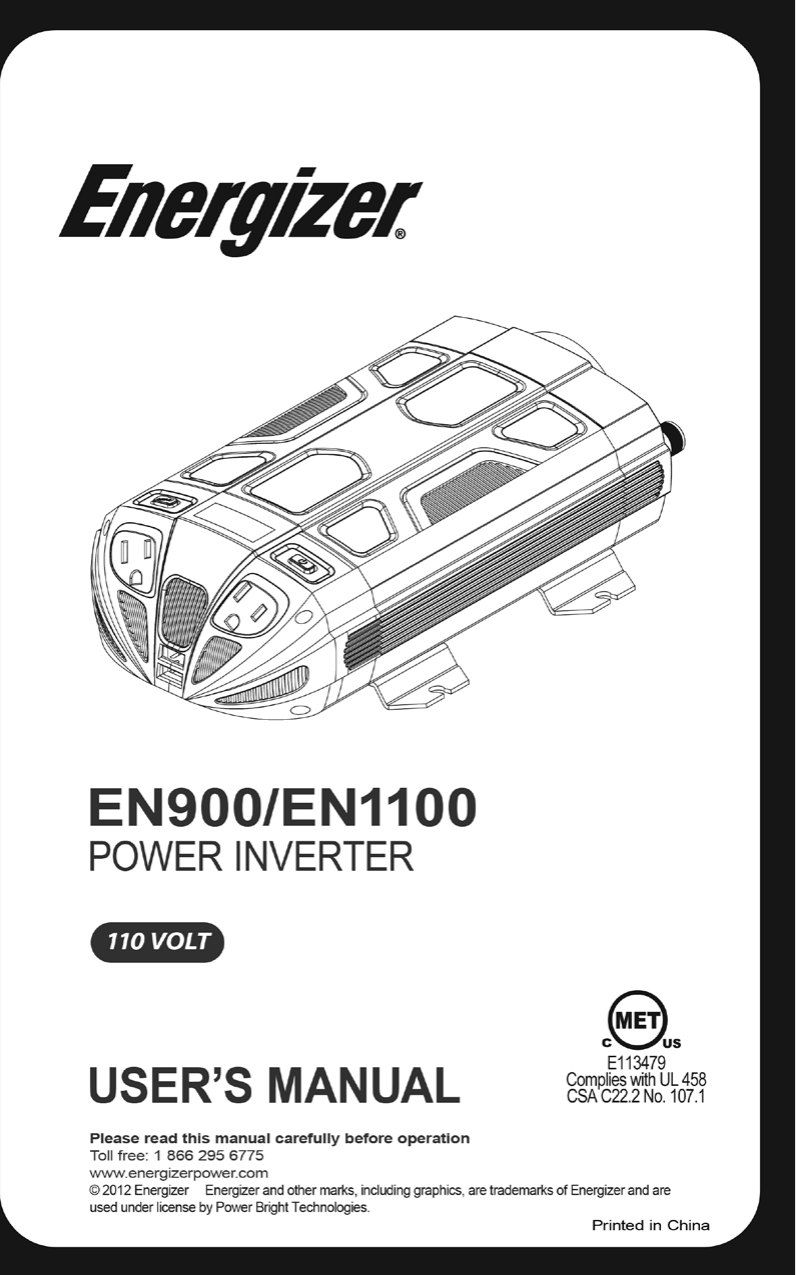 Energizer 12 Volt Power Inverter En1100 Users Manual