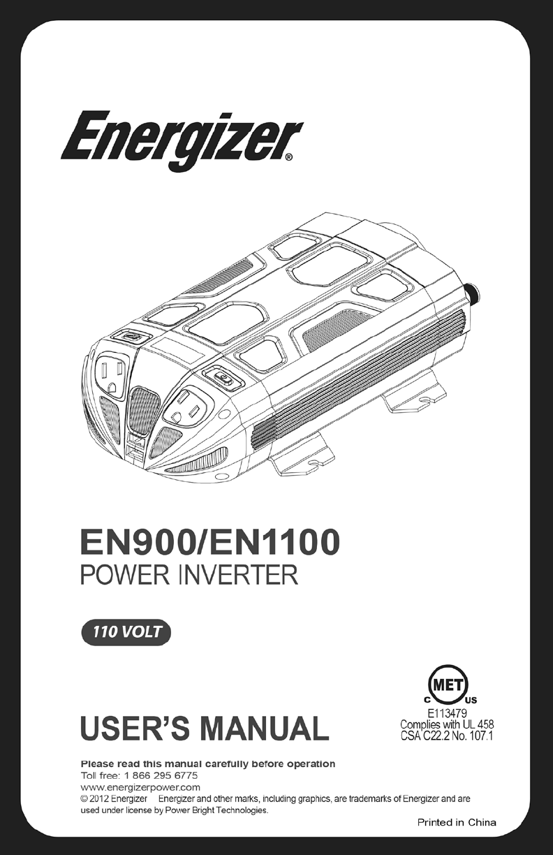 Energizer 12 Volt Power Inverter En1100 Users Manual