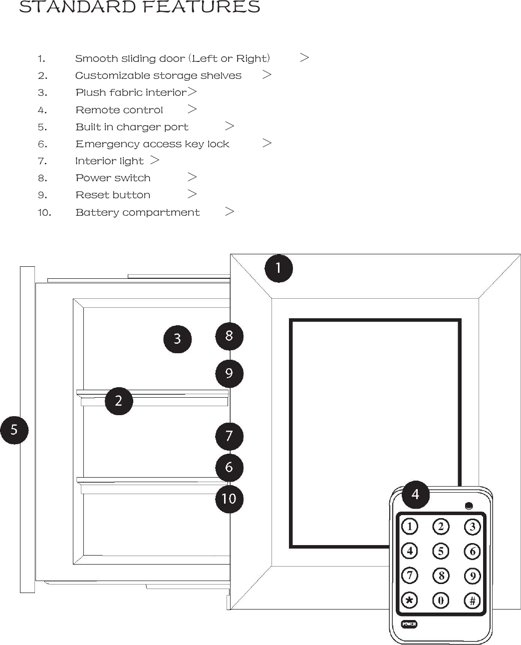 STANDARD FEATURES    1.  Smooth sliding door (Left or Right)  >   2.  Customizable storage shelves  >   3.  Plush fabric interior >   4.  Remote control  >   5.  Built in charger port  >   6.  Emergency access key lock  >   7.  Interior light  >   8.  Power switch  >   9.  Reset button  >   10.  Battery compartment  >  _ |    InvisiVault&trade;  | _    