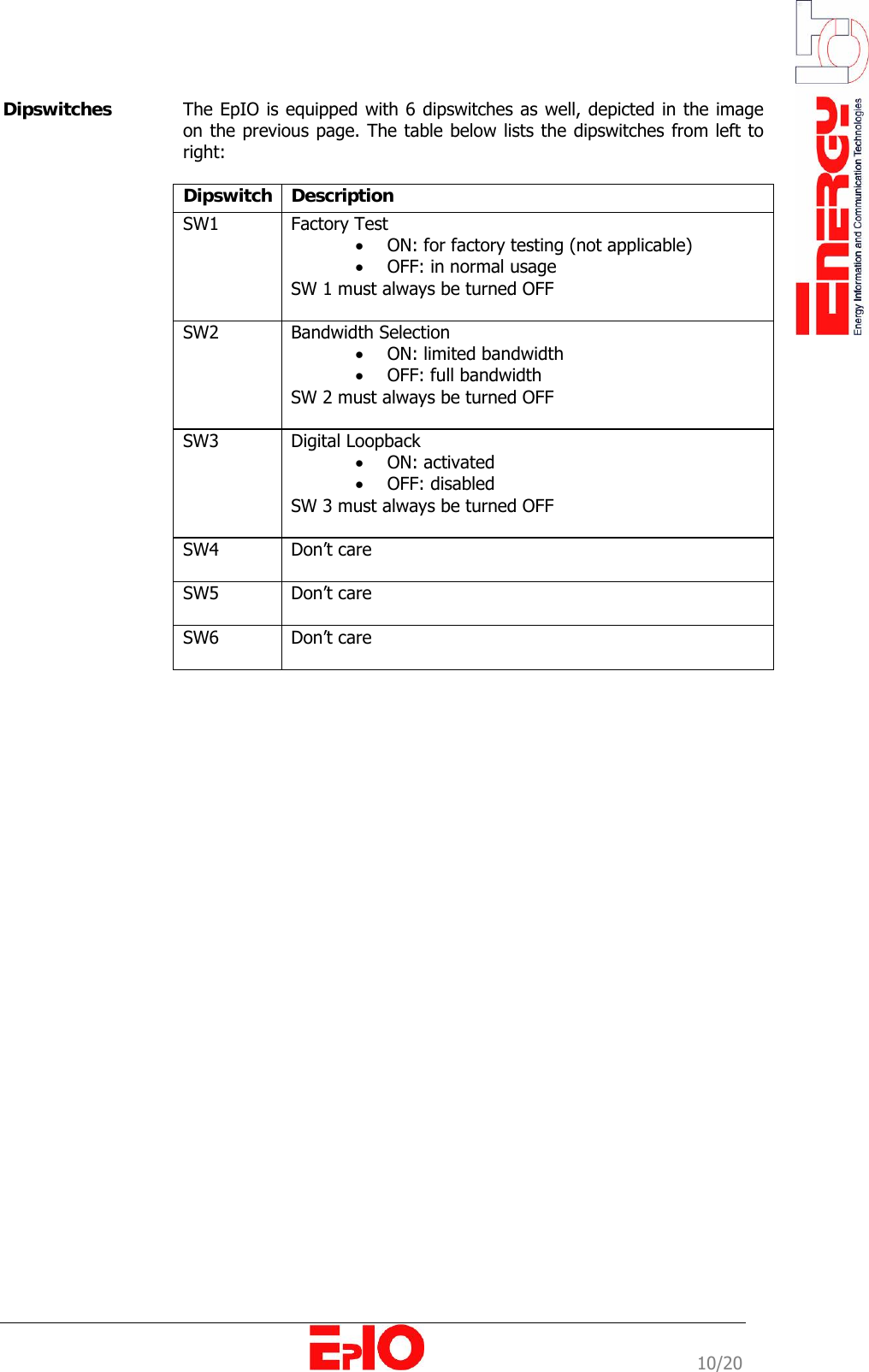                                                                                                              10/20 Dipswitches  The EpIO is equipped with 6 dipswitches as well, depicted in the image on the previous page. The table below lists the dipswitches from left to right:  Dipswitch   Description  SW1   Factory Test &bull; ON: for factory testing (not applicable) &bull; OFF: in normal usage SW 1 must always be turned OFF  SW2   Bandwidth Selection &bull; ON: limited bandwidth  &bull; OFF: full bandwidth  SW 2 must always be turned OFF  SW3   Digital Loopback &bull; ON: activated  &bull; OFF: disabled SW 3 must always be turned OFF  SW4   Don&rsquo;t care  SW5   Don&rsquo;t care  SW6   Don&rsquo;t care  