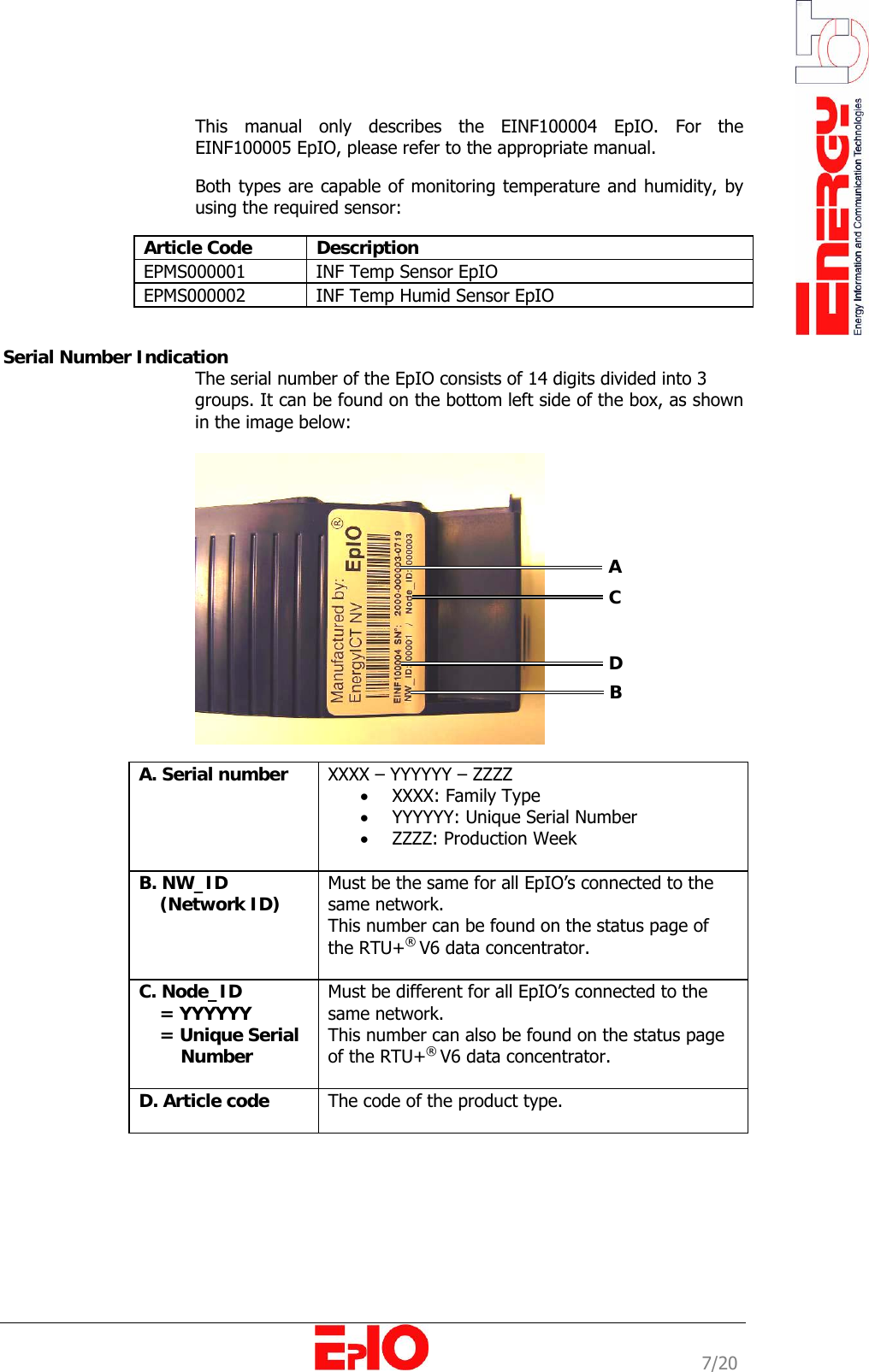                                                                                                              7/20  This manual only describes the EINF100004 EpIO. For the EINF100005 EpIO, please refer to the appropriate manual.  Both types are capable of monitoring temperature and humidity, by using the required sensor:  Article Code  Description EPMS000001  INF Temp Sensor EpIO EPMS000002  INF Temp Humid Sensor EpIO   Serial Number Indication       The serial number of the EpIO consists of 14 digits divided into 3  groups. It can be found on the bottom left side of the box, as shown in the image below:    A. Serial number  XXXX &ndash; YYYYYY &ndash; ZZZZ &bull; XXXX: Family Type &bull; YYYYYY: Unique Serial Number &bull; ZZZZ: Production Week  B. NW_ID      (Network ID)  Must be the same for all EpIO&rsquo;s connected to the same network. This number can be found on the status page of the RTU+&reg; V6 data concentrator.  C. Node_ID      = YYYYYY     = Unique Serial         Number Must be different for all EpIO&rsquo;s connected to the same network.  This number can also be found on the status page of the RTU+&reg; V6 data concentrator.   D. Article code   The code of the product type.    A C D B 